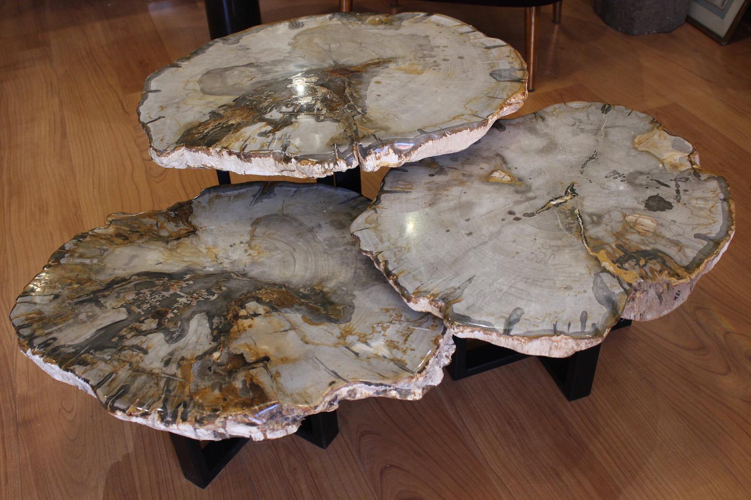 Francese Set di 3 tavolini da caffè in Wood pietrificato in vendita