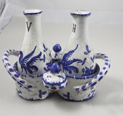 Set of 3-Piece French Blue and White Oil and Vinegar Moustiers Style
