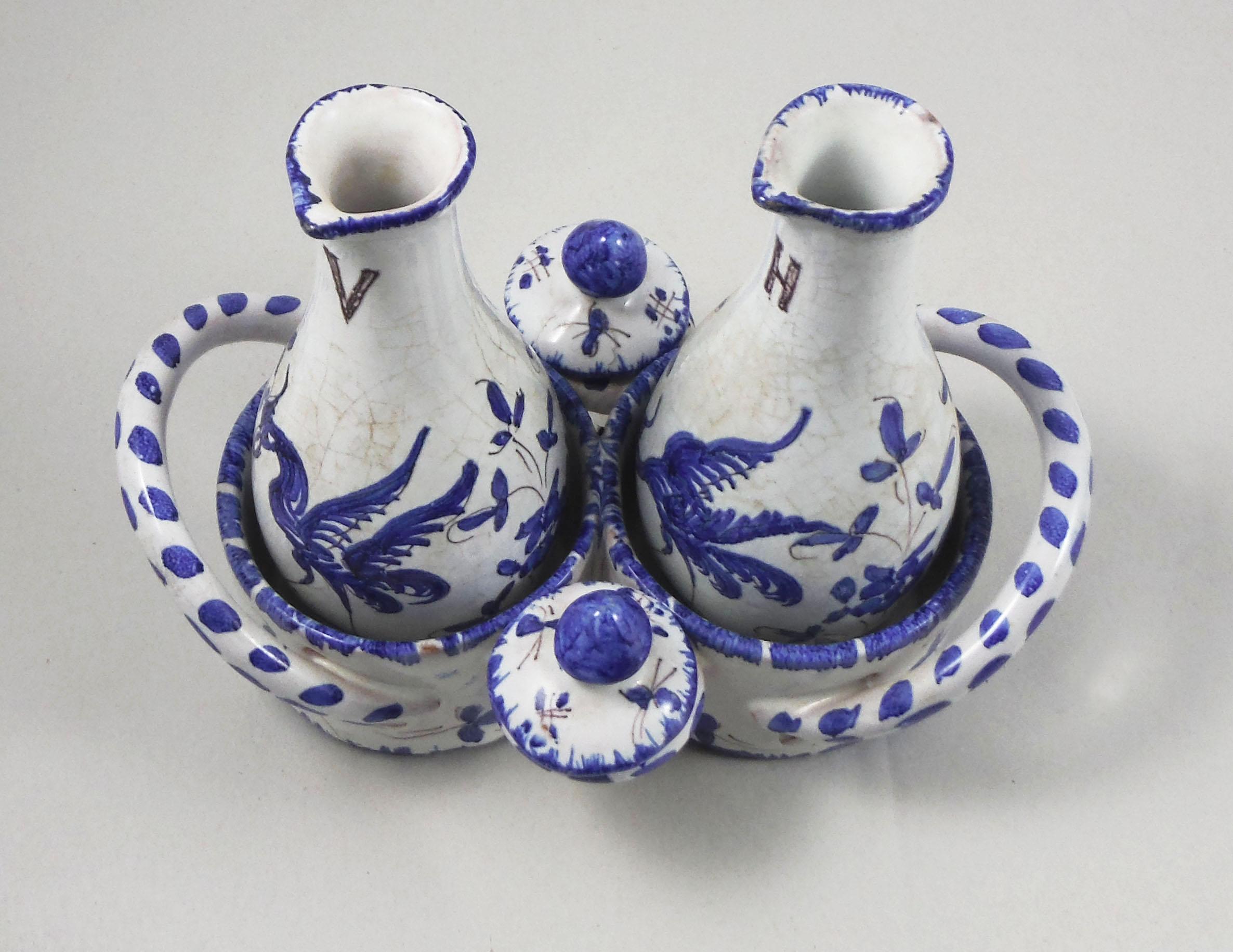 Set of 3-Piece French Blue and White Oil and Vinegar Moustiers Style In Good Condition In Austin, TX