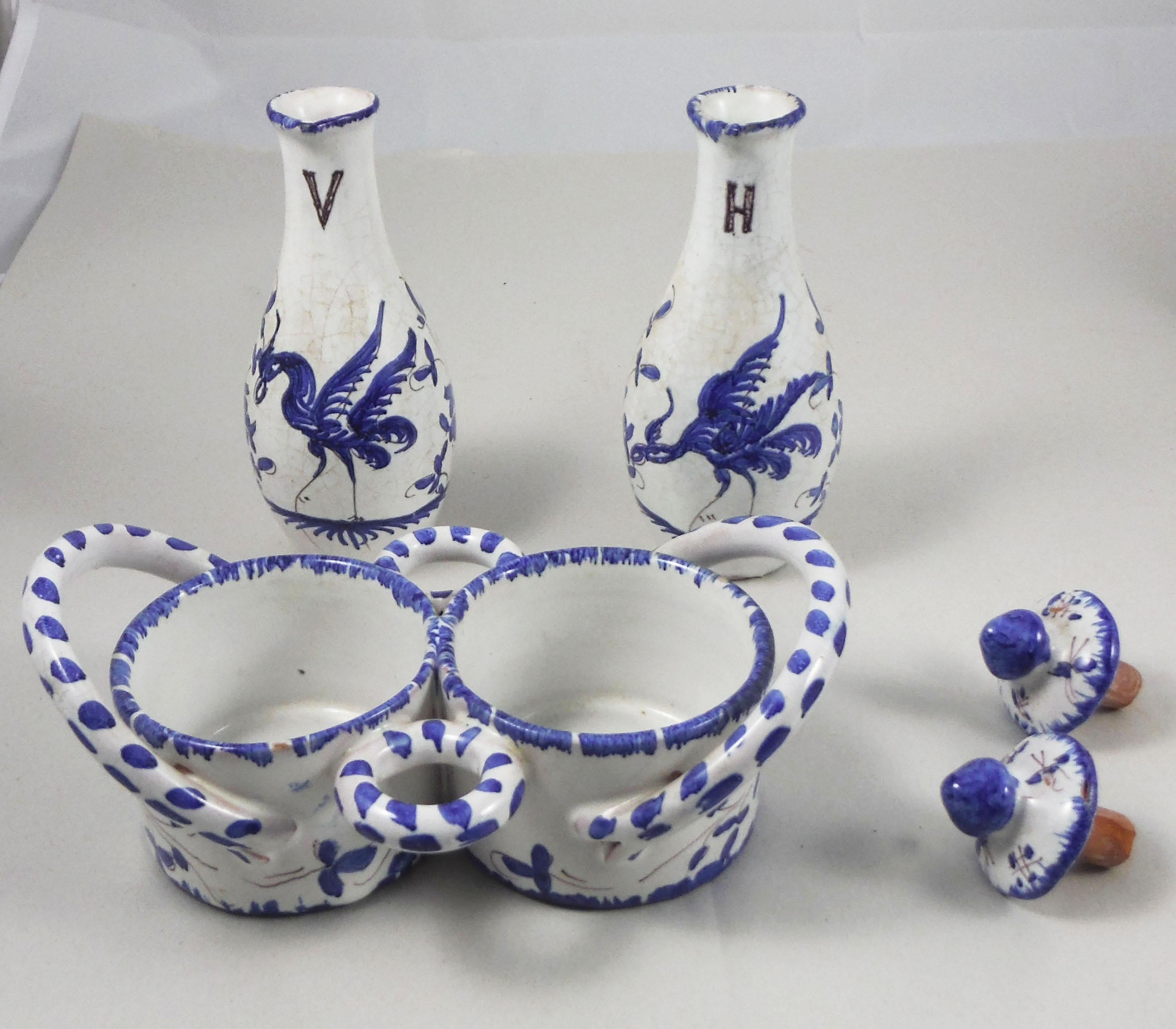 Mid-20th Century Set of 3-Piece French Blue and White Oil and Vinegar Moustiers Style