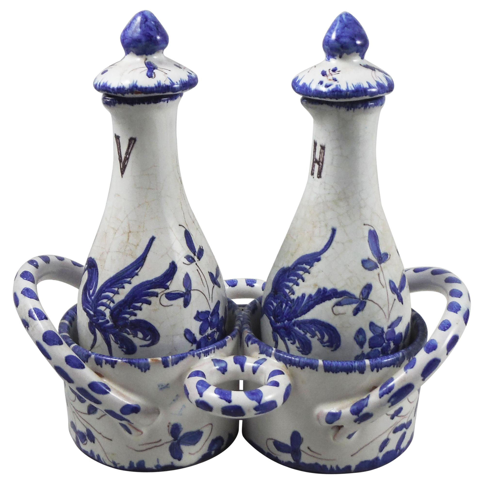 Set of 3-Piece French Blue and White Oil and Vinegar Moustiers Style