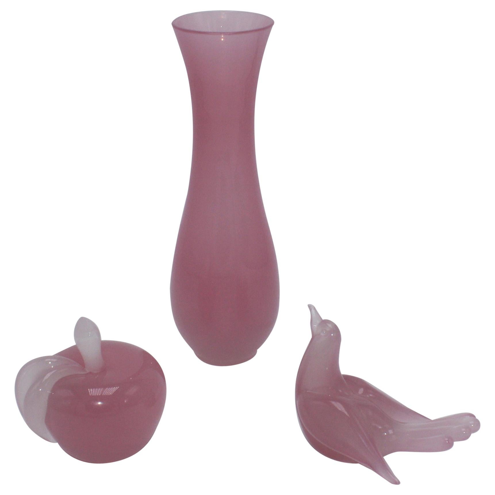 Set of 3 Pieces of Archimede Seguso Pink Alabaster Opalescent Murano, circa 1950