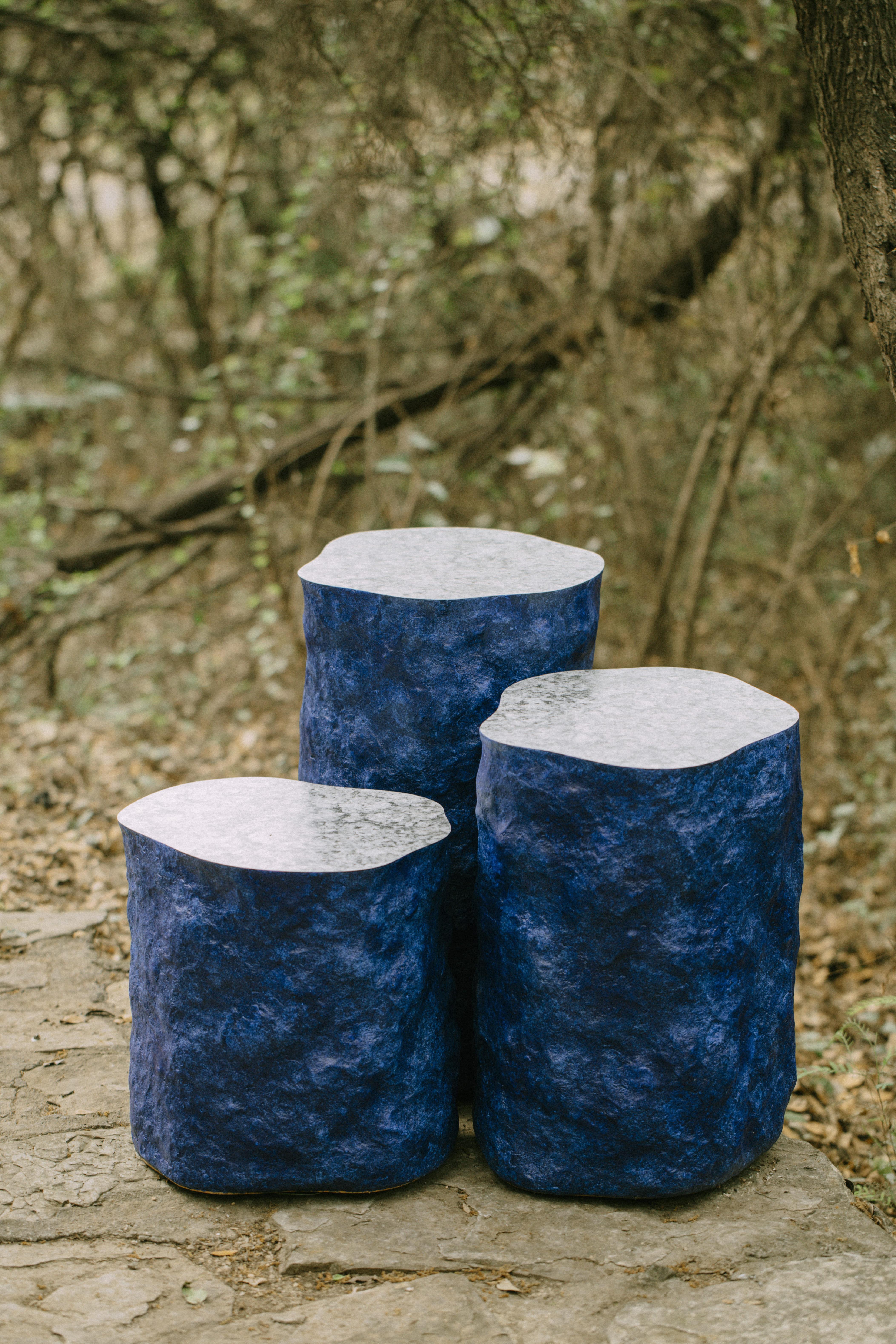 Set of 3 Piedra pedestals by Algo Studio
Designed by Diego Garza
Dimensions:  D 31 x W 33 x  H 56 cm / D 37 x W 30 x  H 48 cm / D 30 x W 35 x  H 35 cm 
Materials: Formica, paper paste coating, plywood structure.

These side tables are a