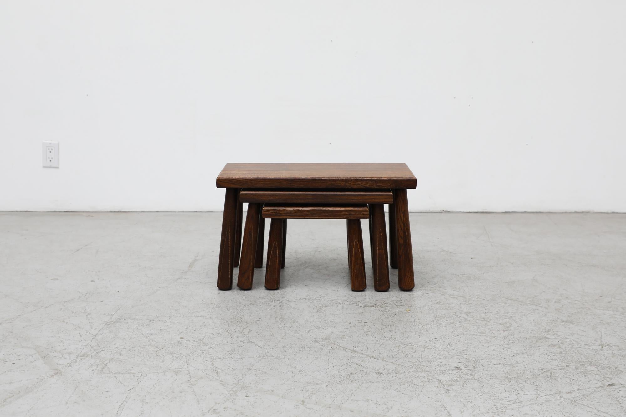 Mid-Century Modern Set of 3 Pierre Chapo Brutalist Dark Oak Nesting Tables