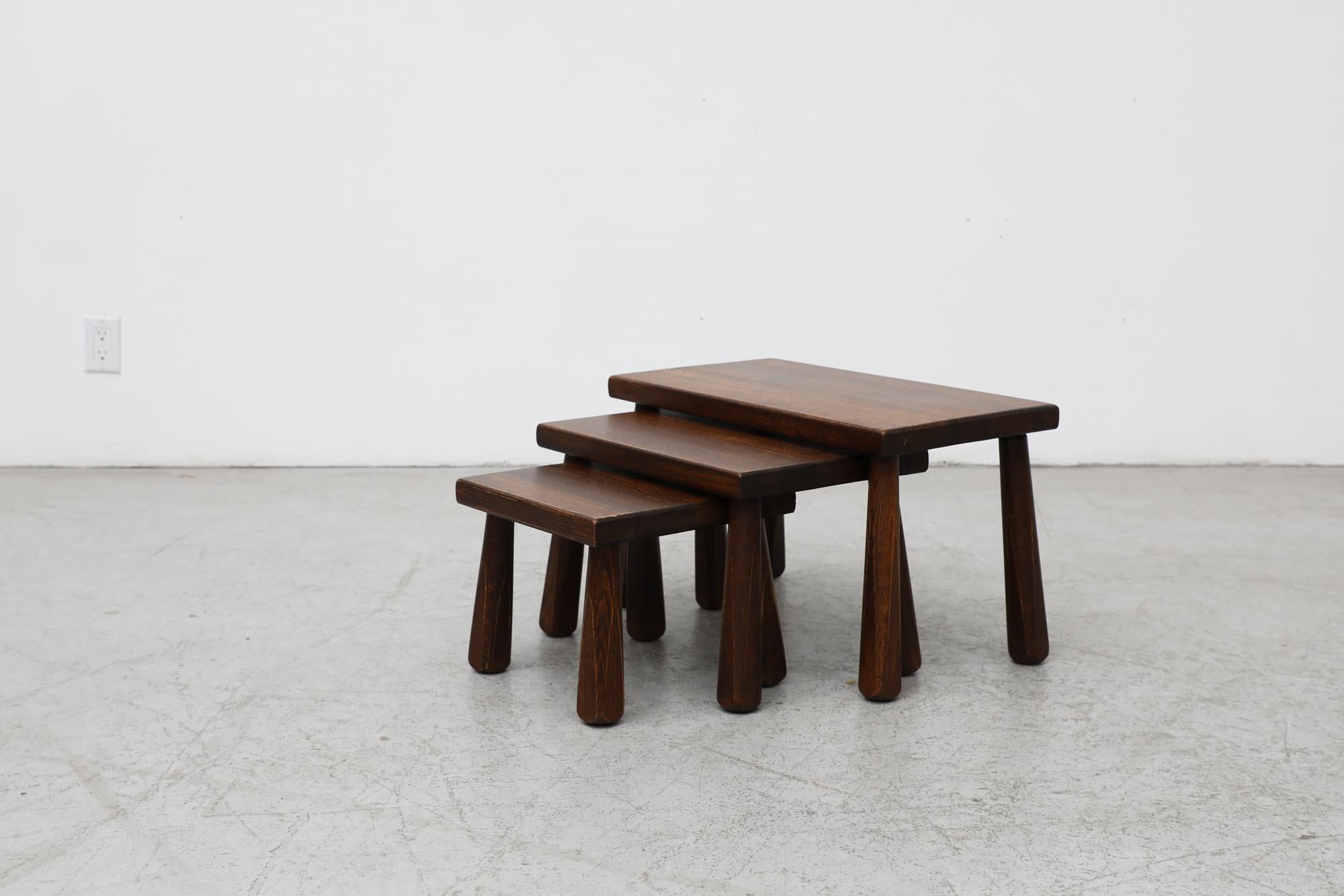 Mid-20th Century Set of 3 Pierre Chapo Brutalist Dark Oak Nesting Tables