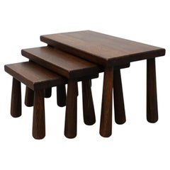 Set of 3 Pierre Chapo Brutalist Dark Oak Nesting Tables