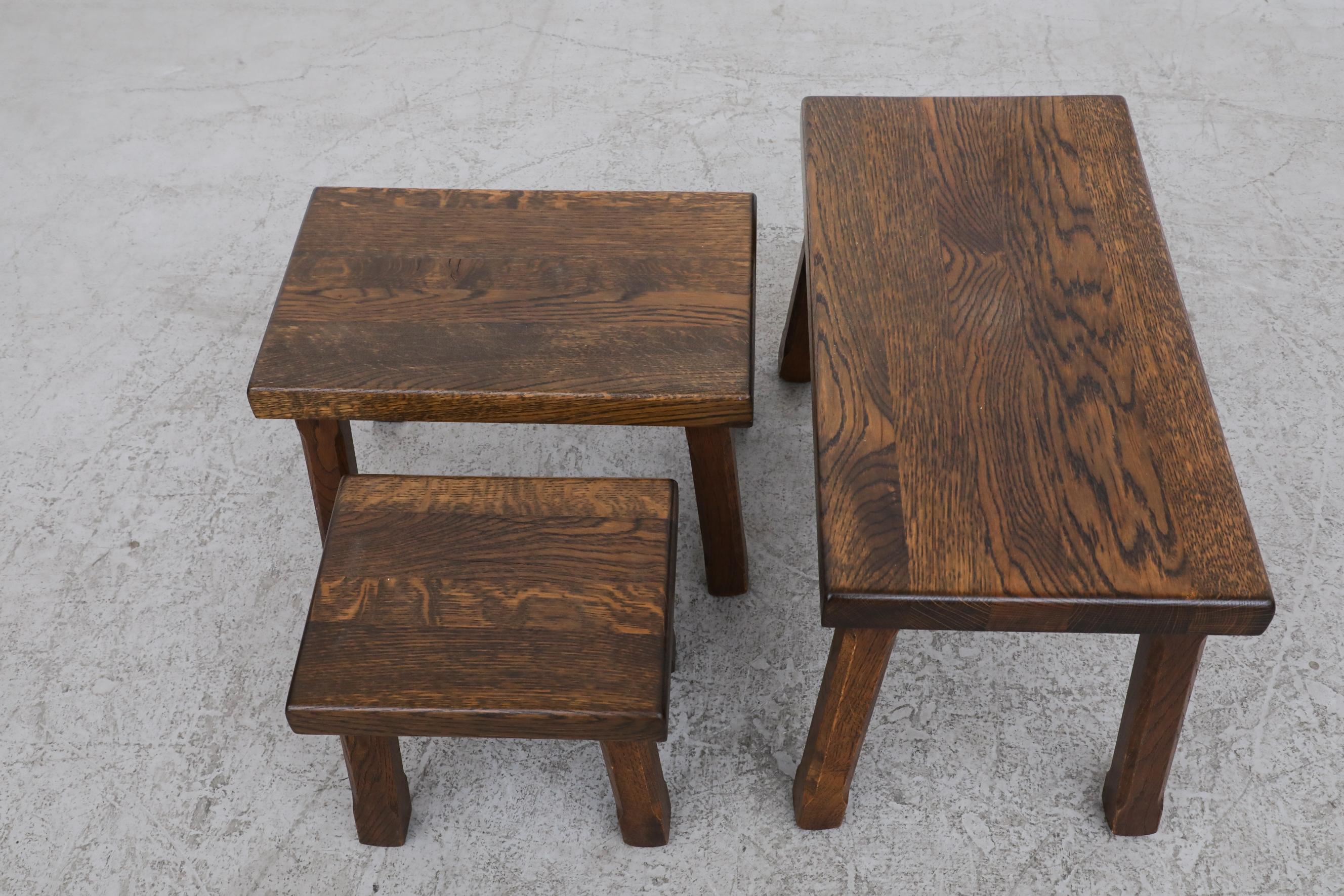 Set of 3 Pierre Chapo Inspired Brutalist Dark Oak Nesting Tables 4