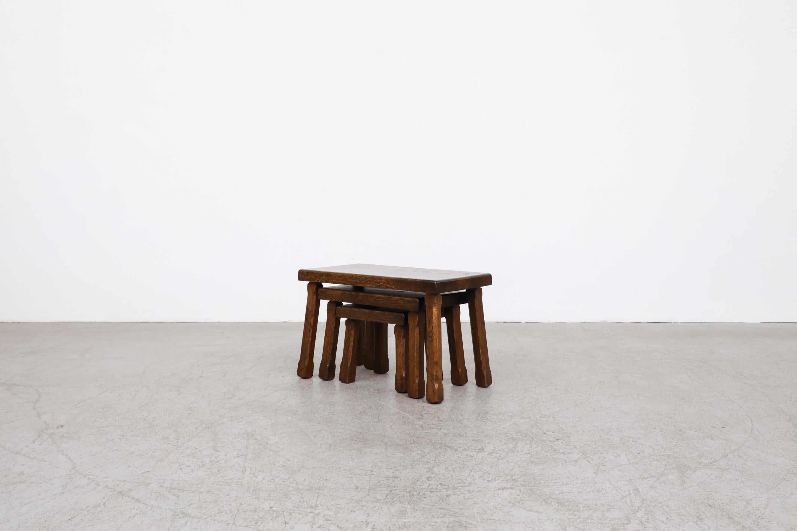 Mid-Century Modern Set of 3 Pierre Chapo Inspired Brutalist Dark Oak Nesting Tables