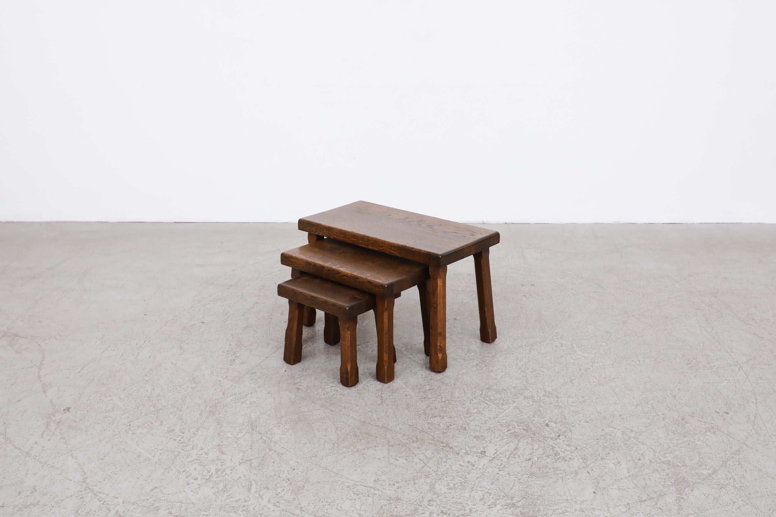 Set of 3 Pierre Chapo Inspired Brutalist Dark Oak Nesting Tables In Good Condition In Los Angeles, CA