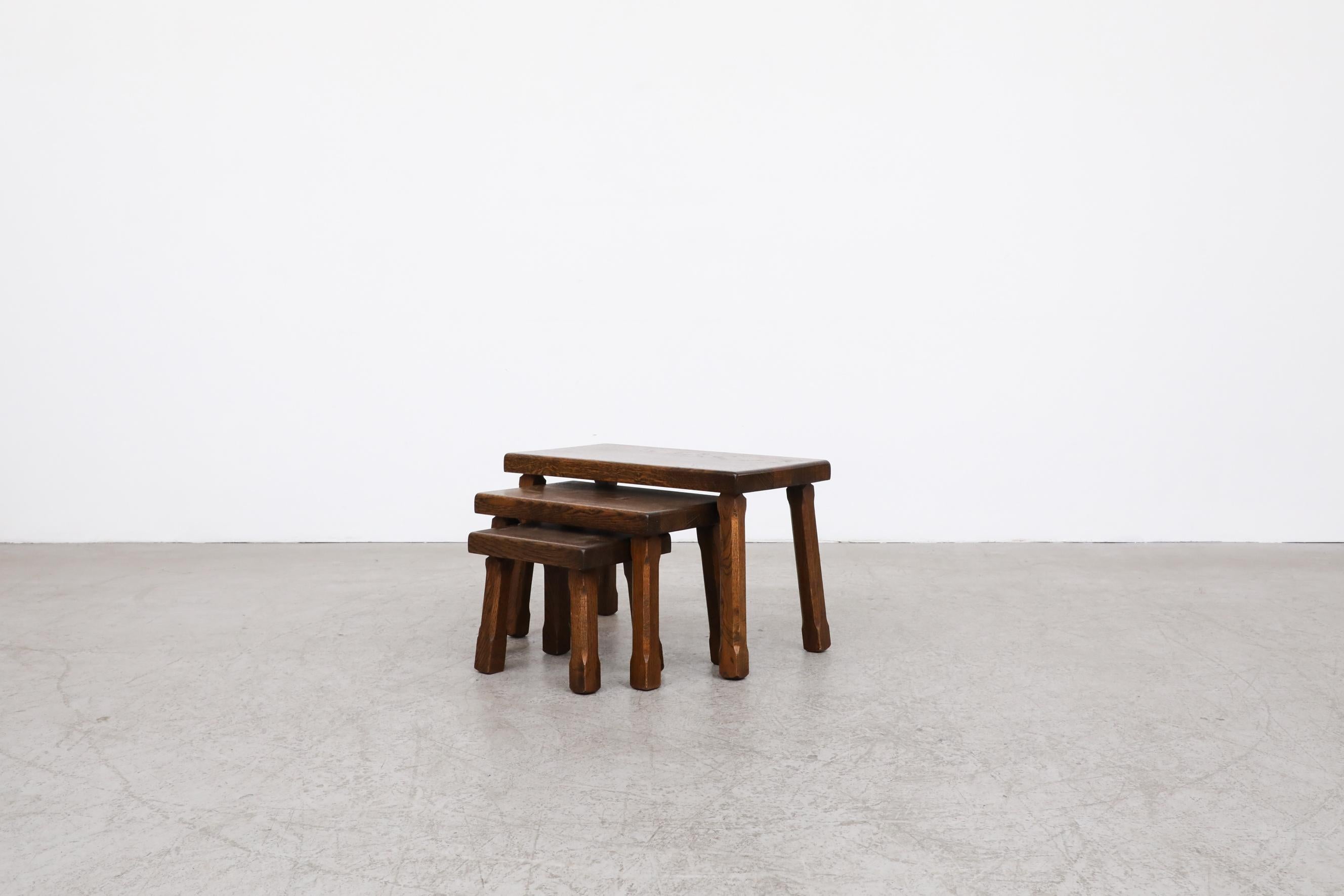 20th Century Set of 3 Pierre Chapo Inspired Brutalist Dark Oak Nesting Tables