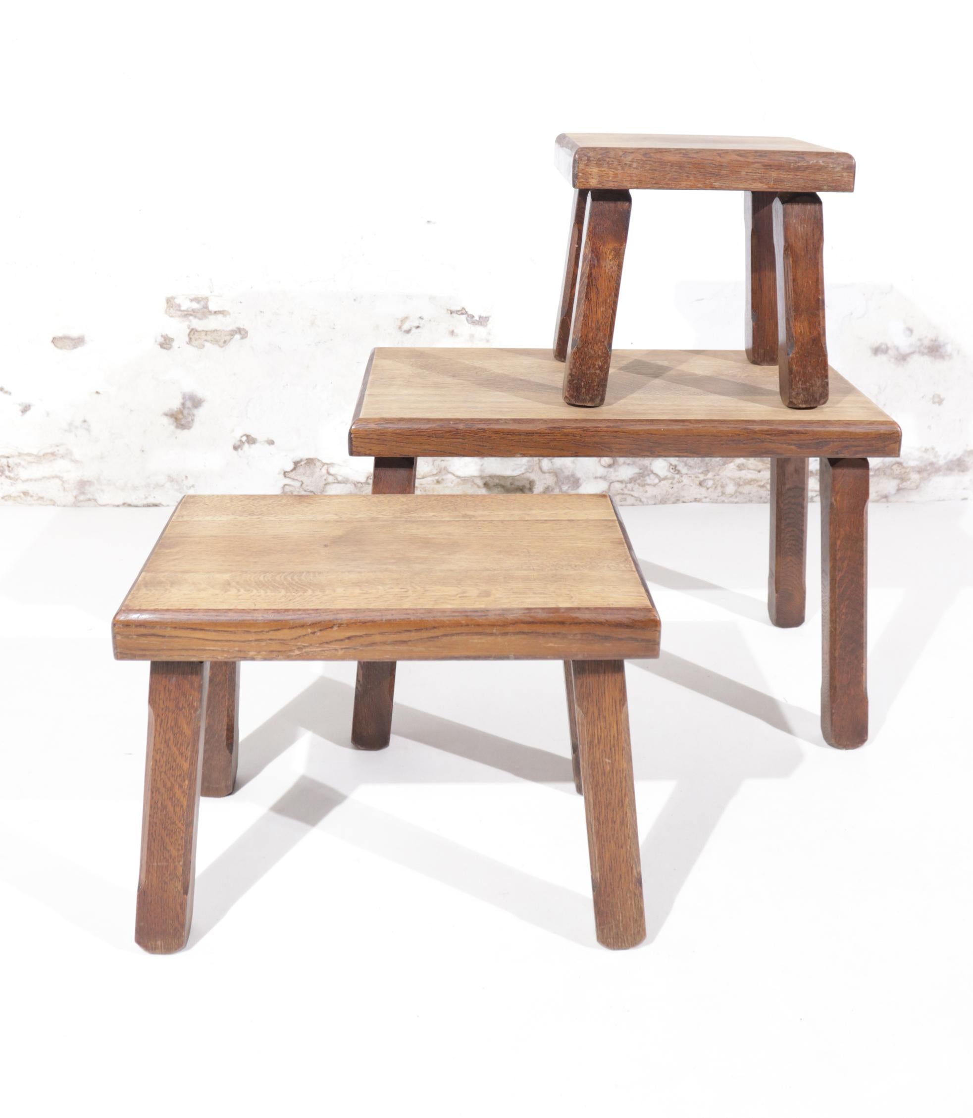 Set of 3 Pierre Chapo Inspired Brutalist Nesting Tables Bi-Color Oak For Sale 5