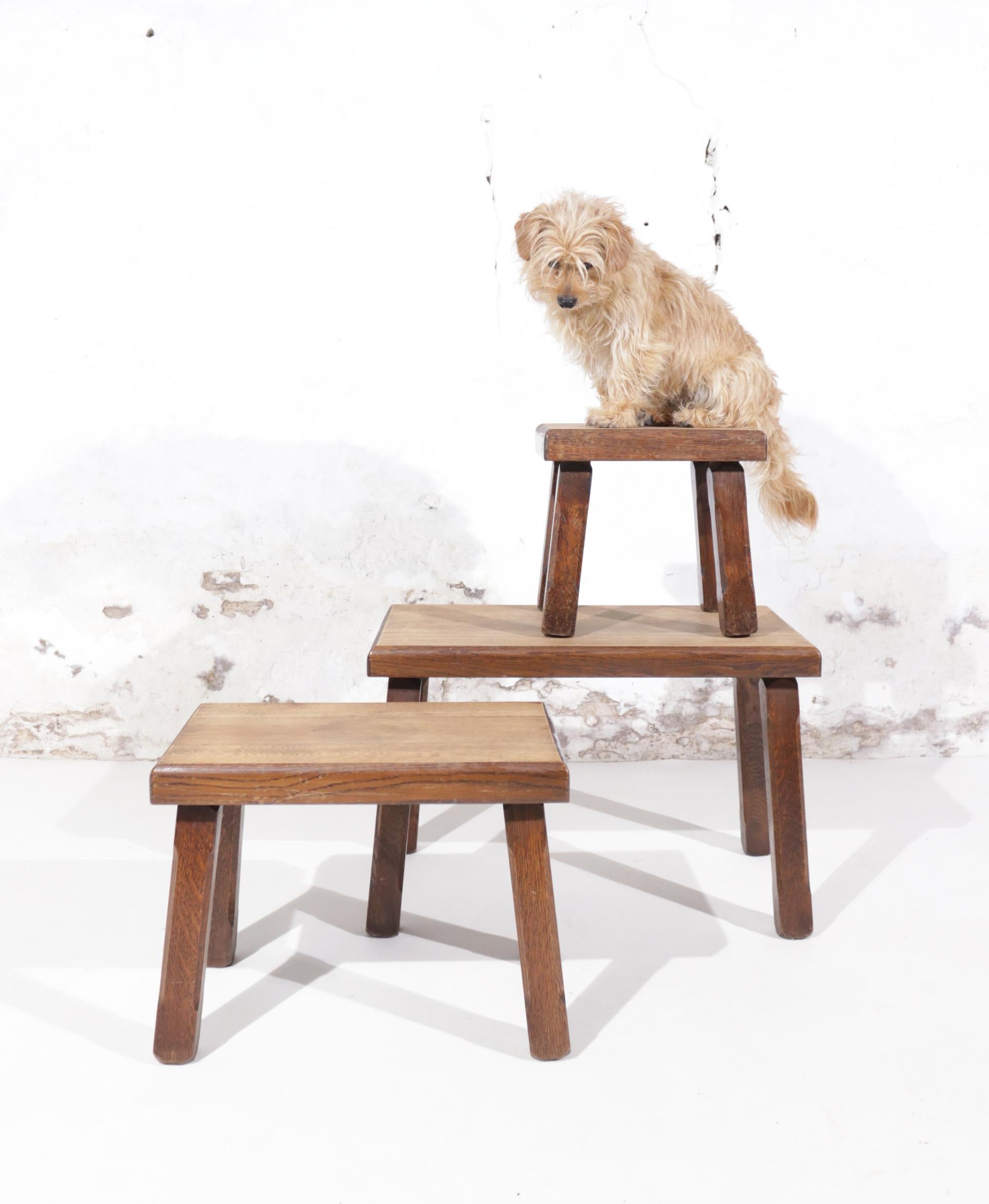 Beautiful set of 3 nesting tables made of solid oak inspired by Pierre Chapo.

Measurements:
Small table measures 30 x 24 x 29 cm
Middle table measures 45 x 27 x 35 cm
Largest table measures 60 x 32 x 40 cm.