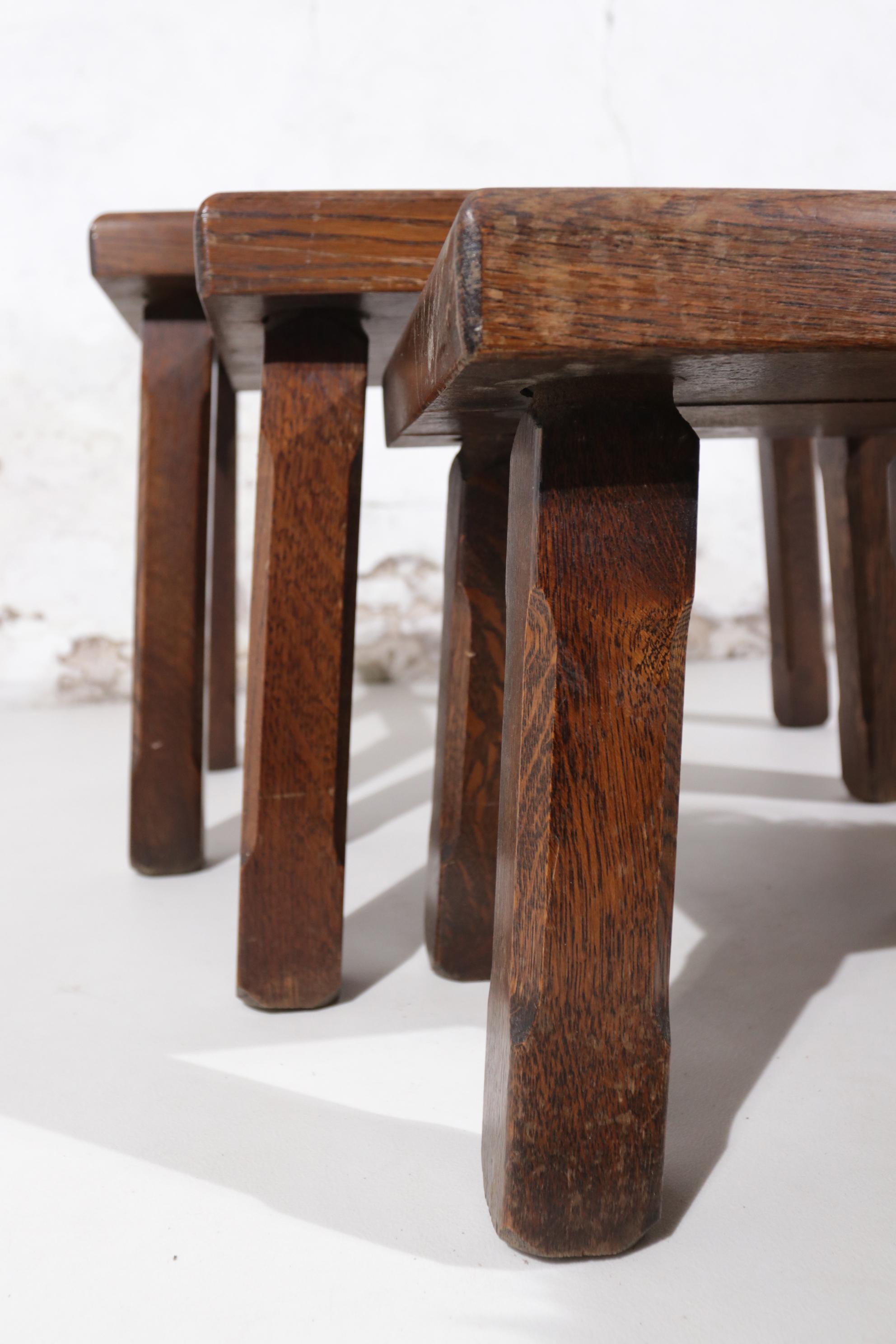 Set of 3 Pierre Chapo Inspired Brutalist Nesting Tables Bi-Color Oak In Good Condition For Sale In Boven Leeuwen, NL