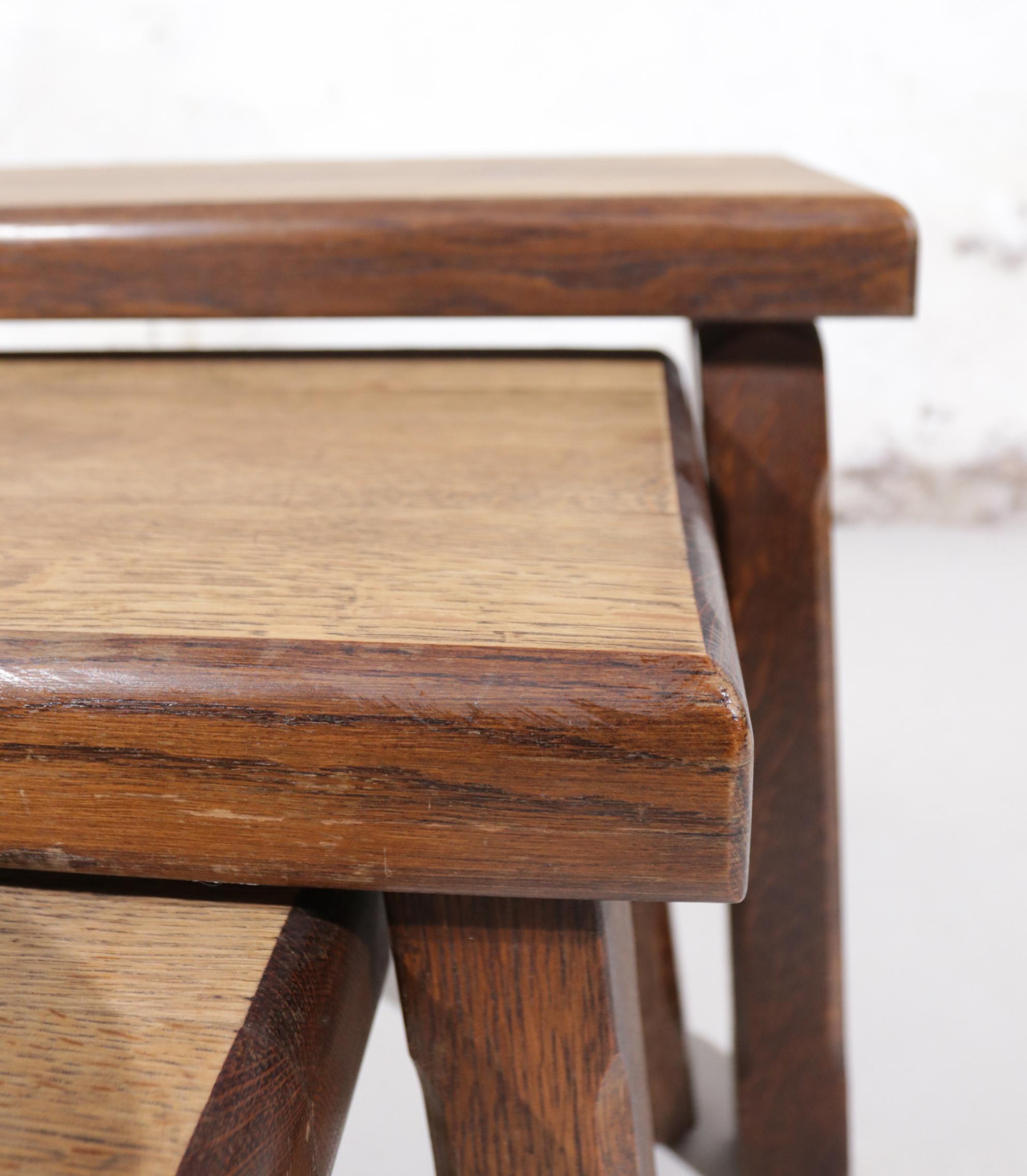 Late 20th Century Set of 3 Pierre Chapo Inspired Brutalist Nesting Tables Bi-Color Oak For Sale