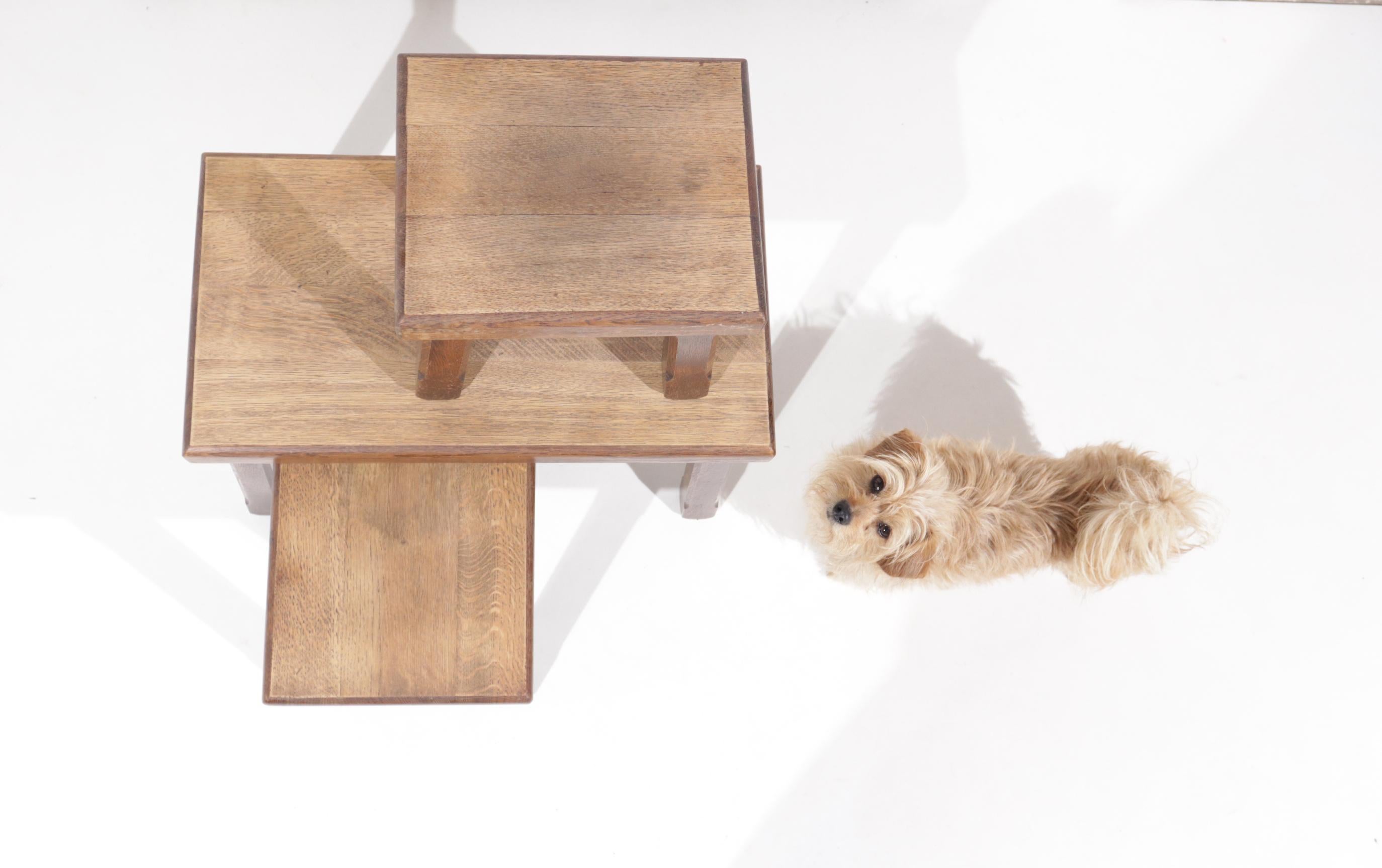 Set of 3 Pierre Chapo Inspired Brutalist Nesting Tables Bi-Color Oak  For Sale 1