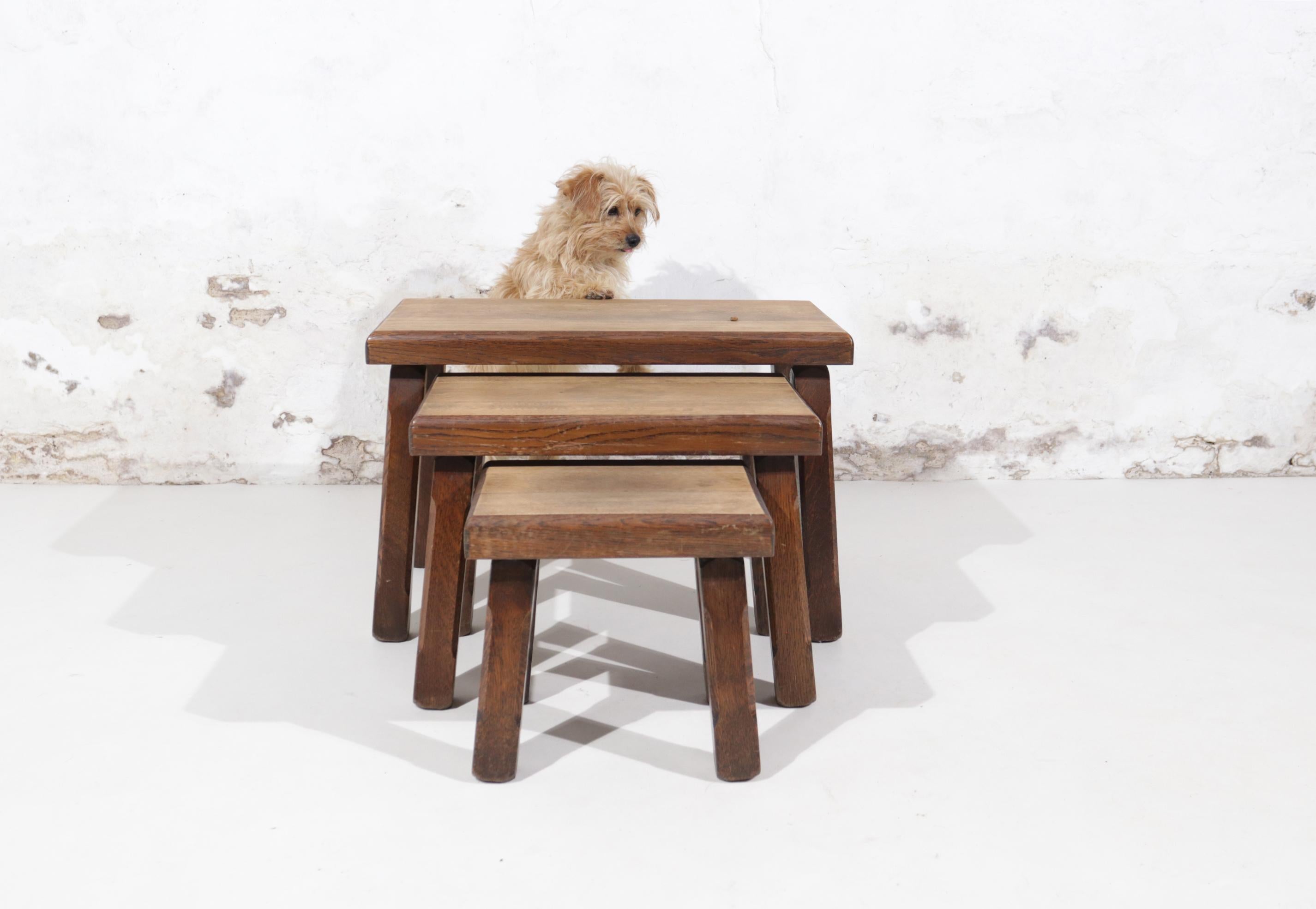 Set of 3 Pierre Chapo Inspired Brutalist Nesting Tables Bi-Color Oak For Sale 2