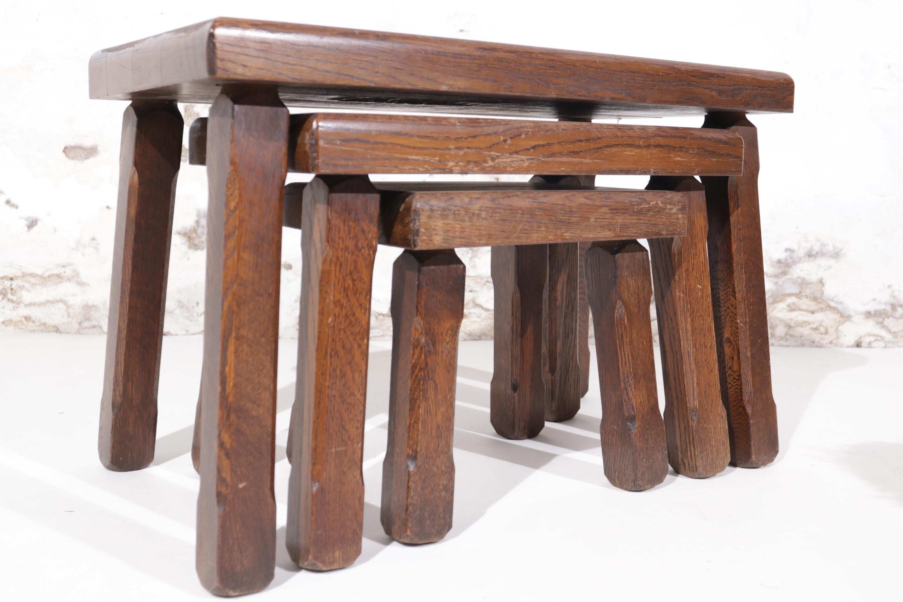 Set of 3 Pierre Chapo Inspired Brutalist Nesting Tables Bi-Color Oak For Sale 4