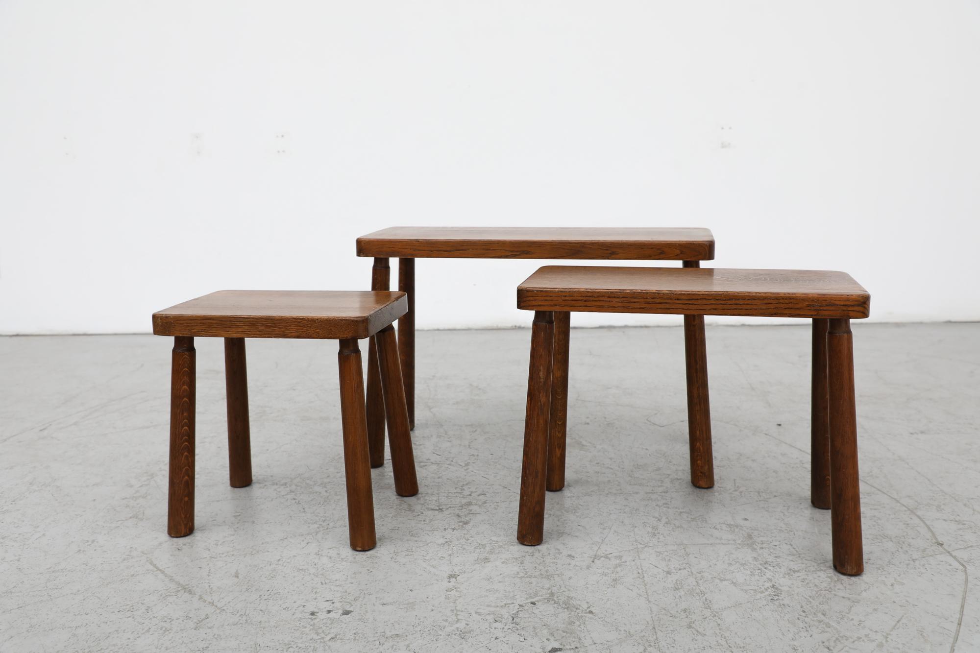 Set of 3 Pierre Chapo Inspired Brutalist Oak Nesting Tables 10