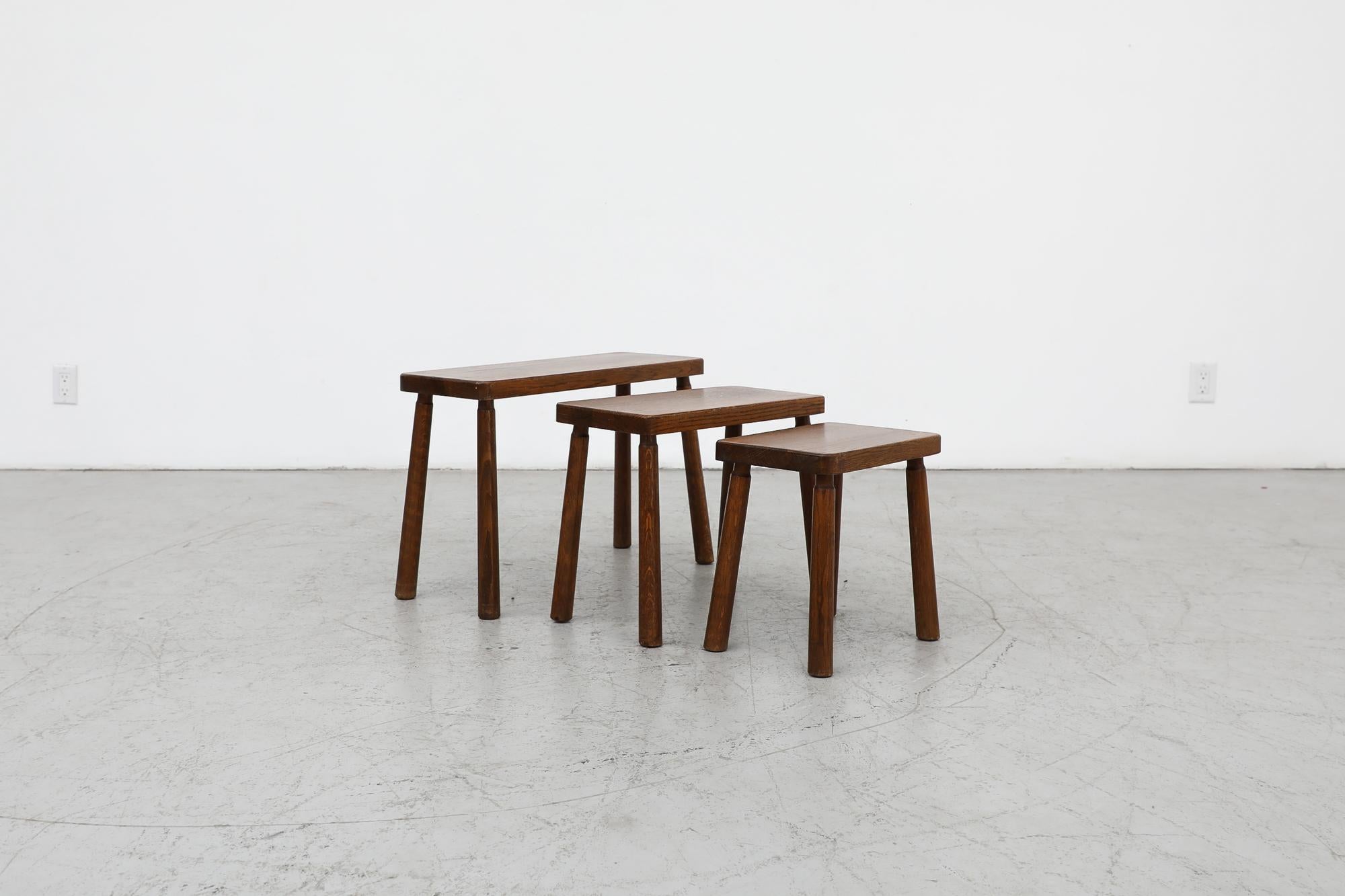 Mid-Century Modern Set of 3 Pierre Chapo Inspired Brutalist Oak Nesting Tables