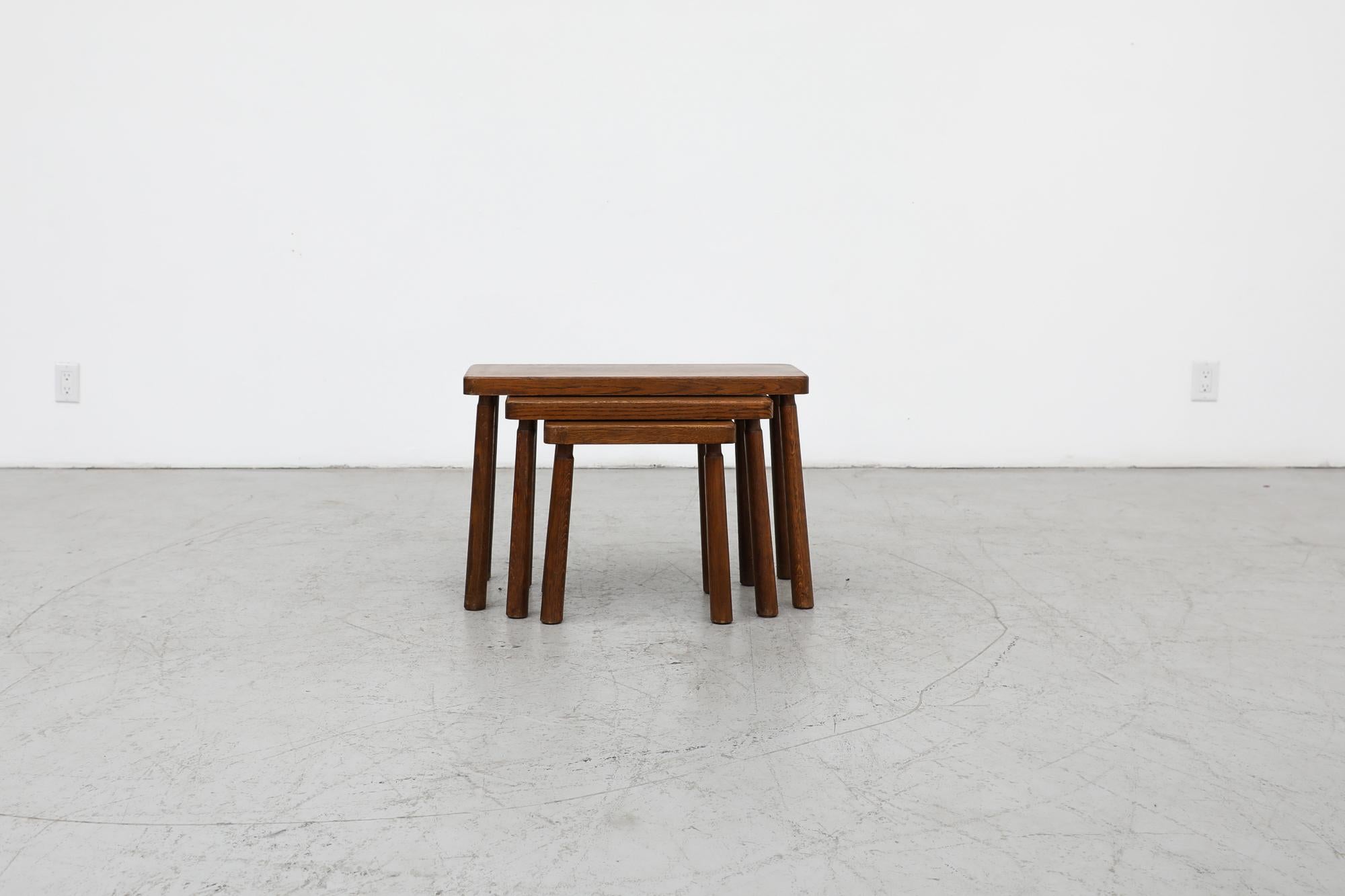 Dutch Set of 3 Pierre Chapo Inspired Brutalist Oak Nesting Tables