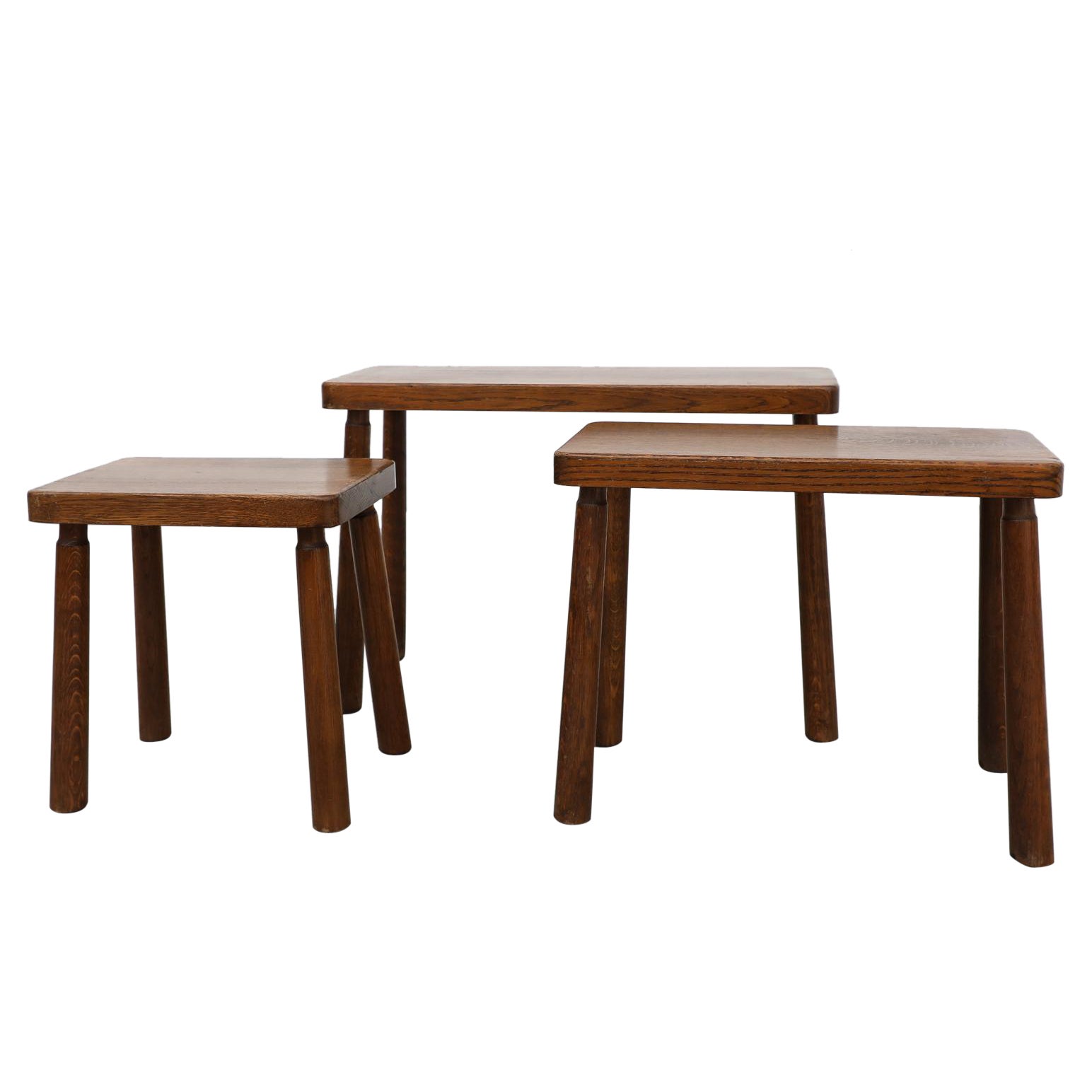 Set of 3 Pierre Chapo Inspired Brutalist Oak Nesting Tables