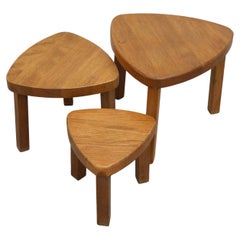 Set of 3 Pierre Chapo inspired. Brutalist Oak Triangular Nesting Table Set