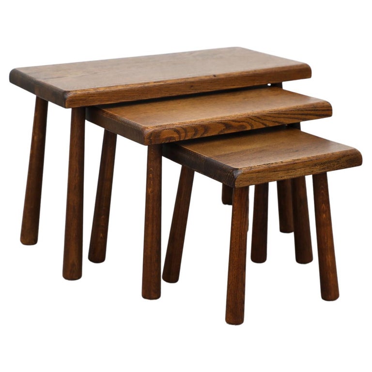 Set of 3 Pierre Chapo Inspired Dark Narrow Oak Nesting Tables For Sale at 1stDibs