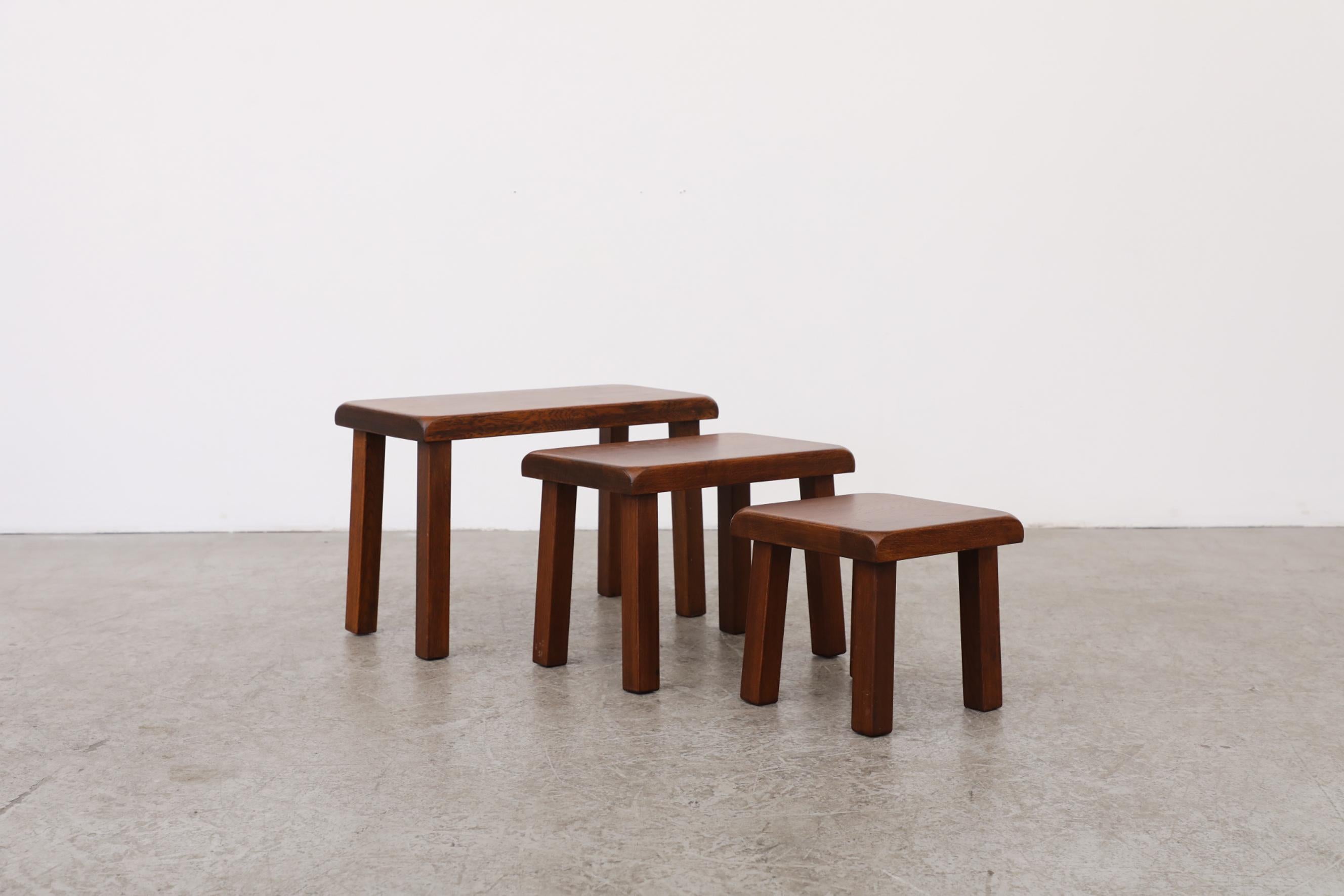Mid-Century Modern Set of 3 Pierre Chapo Inspired Dark Oak Nesting Tables