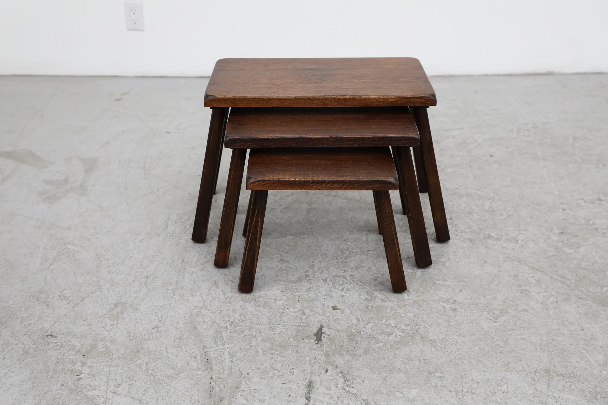 Mid-Century Modern Set of 3 Pierre Chapo Inspired Dark Oak Nesting Tables