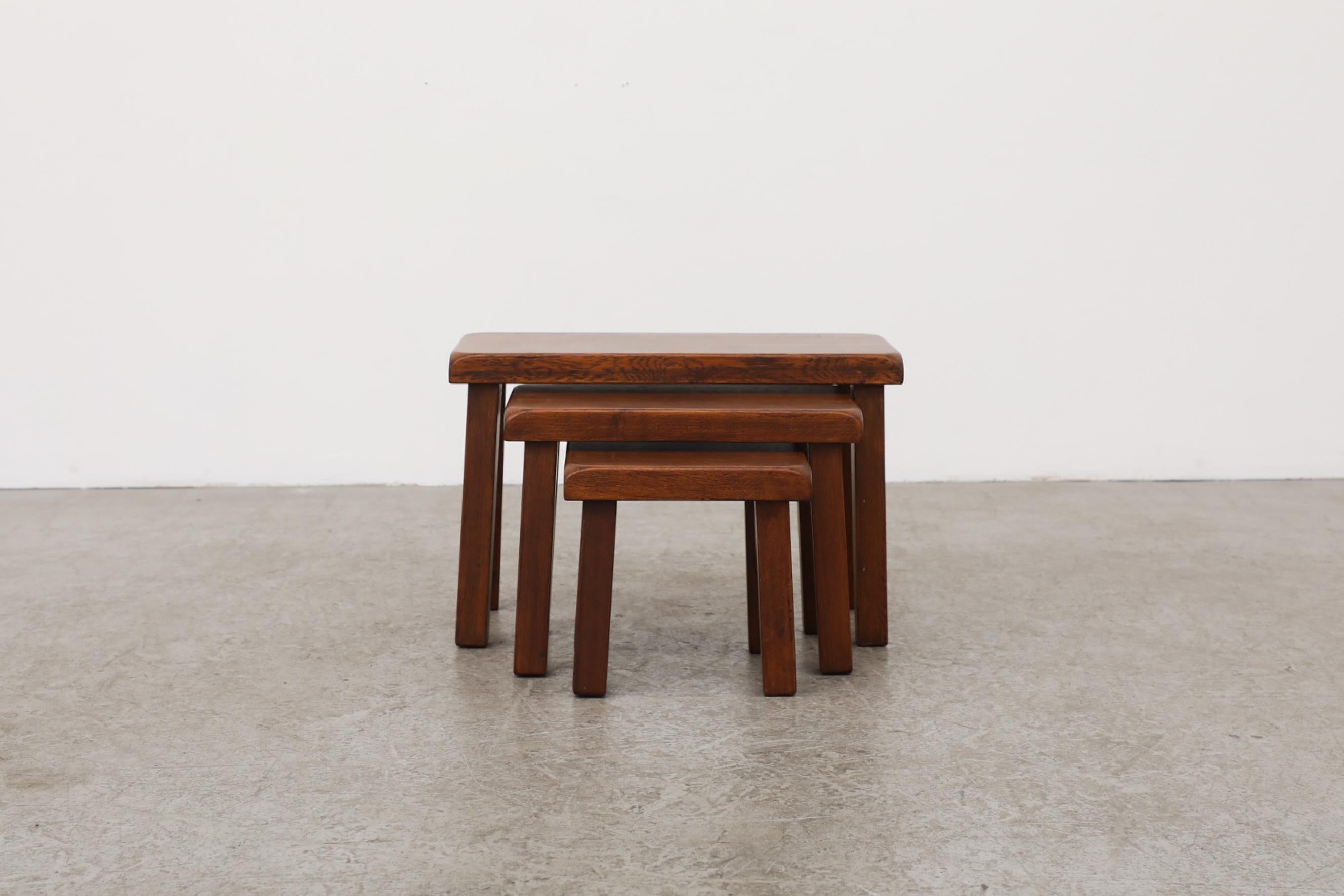 Mid-20th Century Set of 3 Pierre Chapo Inspired Dark Oak Nesting Tables