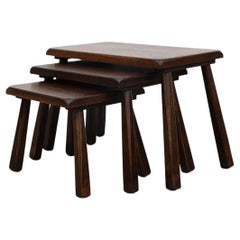 Lot de 3 tables gigognes en chêne foncé inspirées par Pierre Chapo