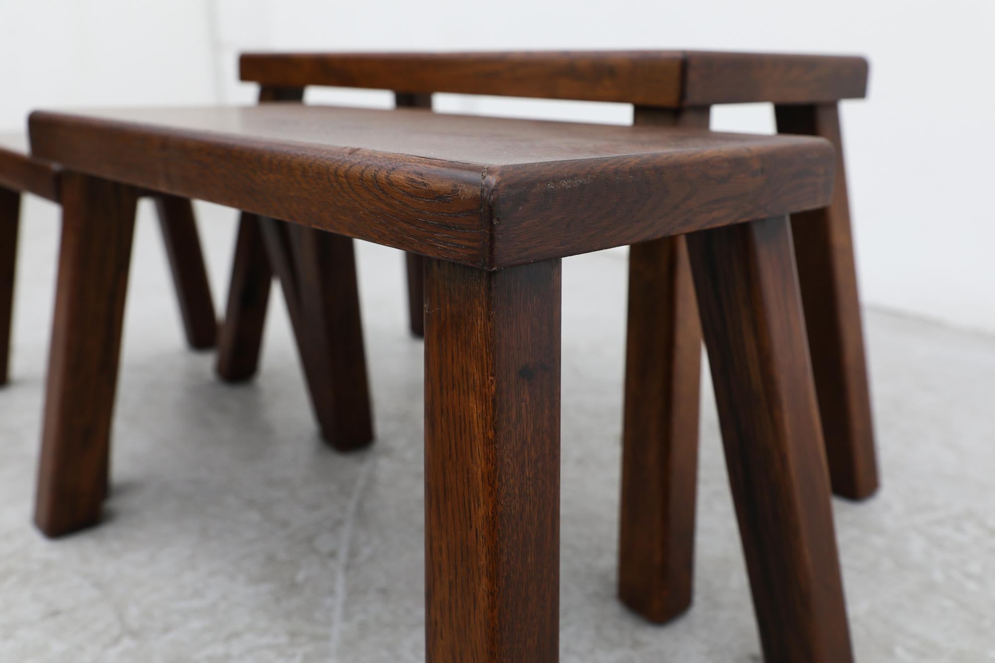 Set of 3 Pierre Chapo Style Dark Stained Oak Nesting Tables For Sale 7