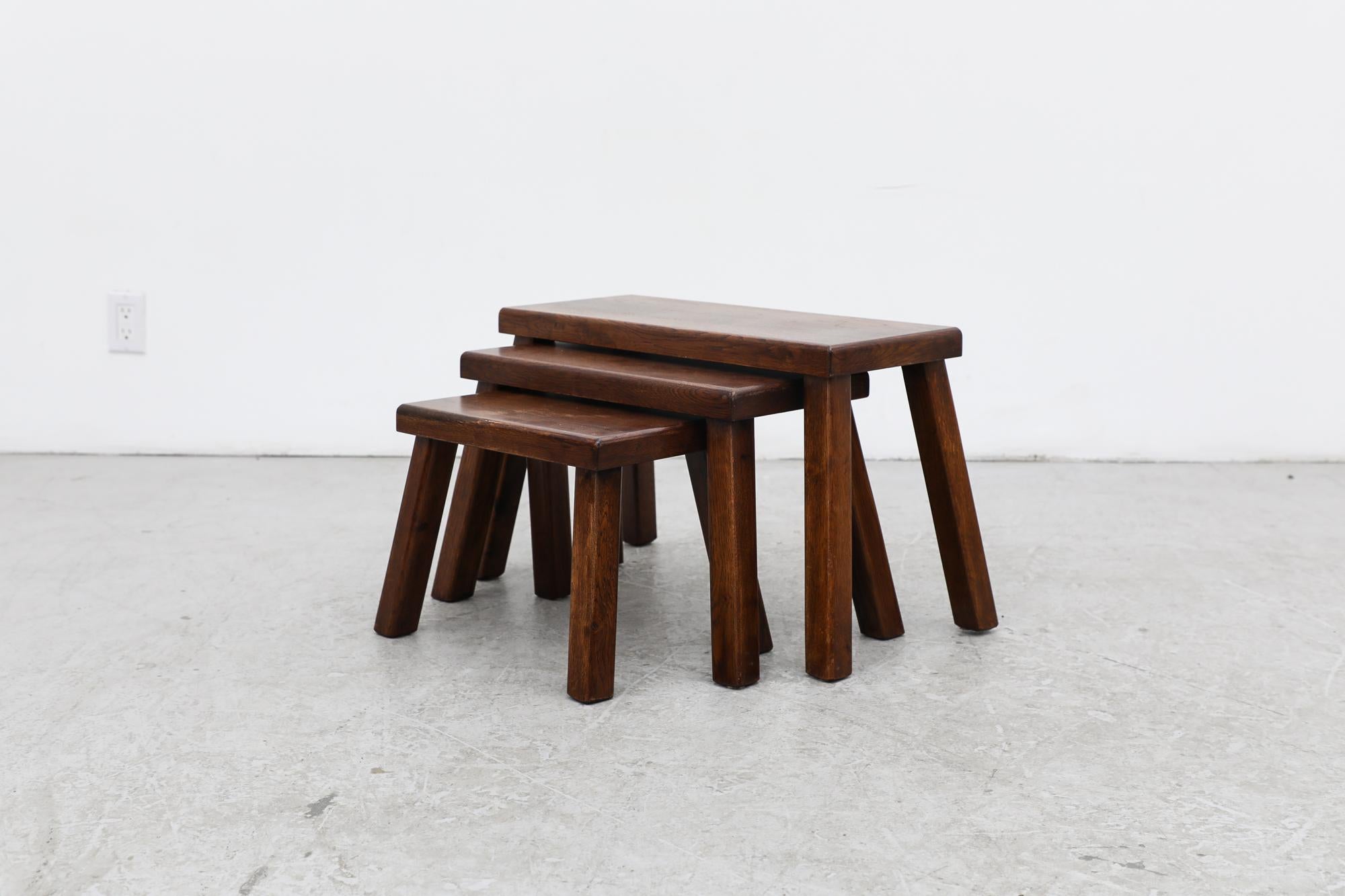 Mid-Century Modern Set of 3 Pierre Chapo Style Dark Stained Oak Nesting Tables For Sale