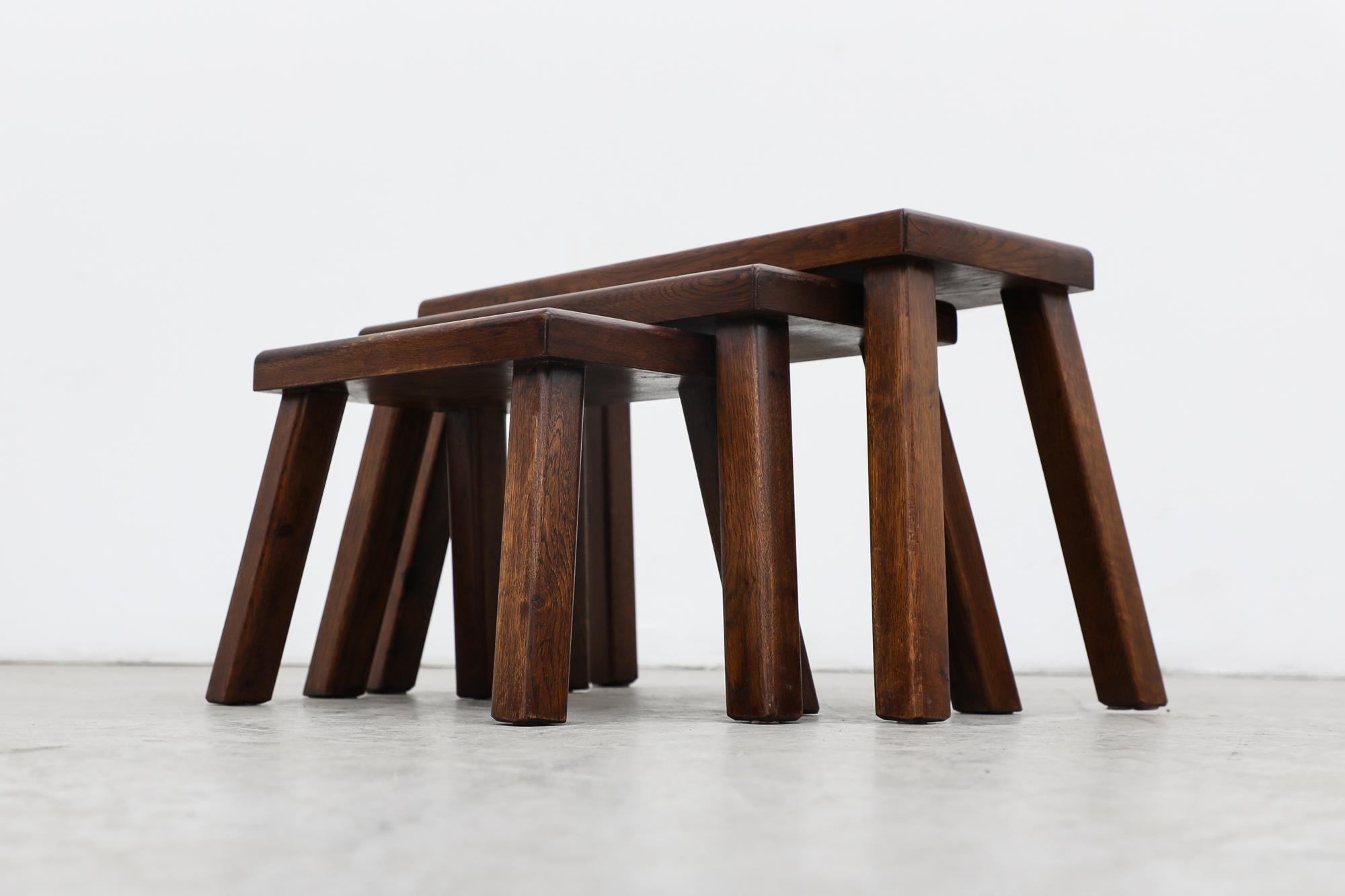 Set of 3 Pierre Chapo Style Dark Stained Oak Nesting Tables In Good Condition For Sale In Los Angeles, CA