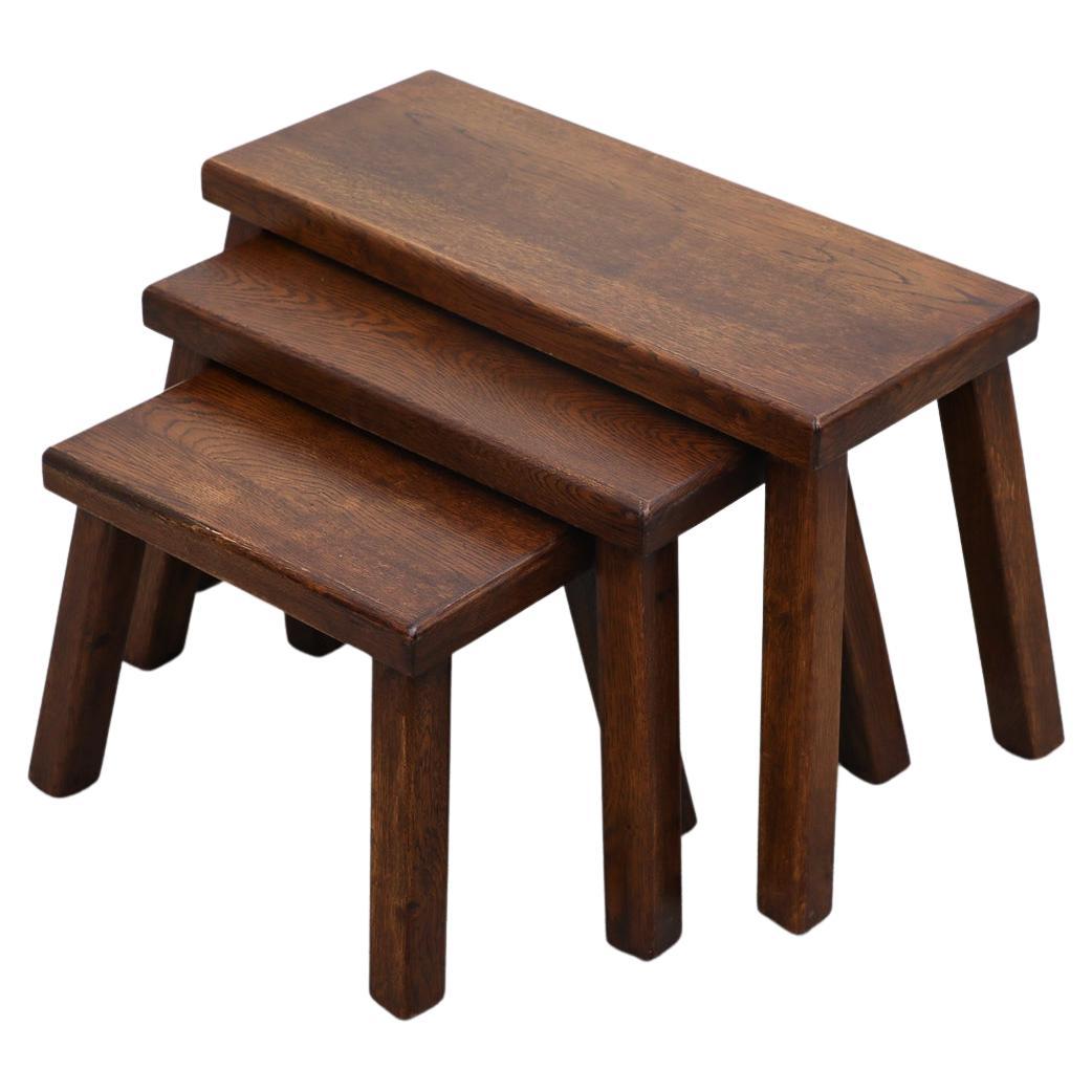 Set of 3 Pierre Chapo Style Dark Stained Oak Nesting Tables For Sale