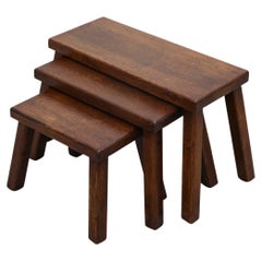 Set of 3 Pierre Chapo Style Dark Stained Nesting Tables
