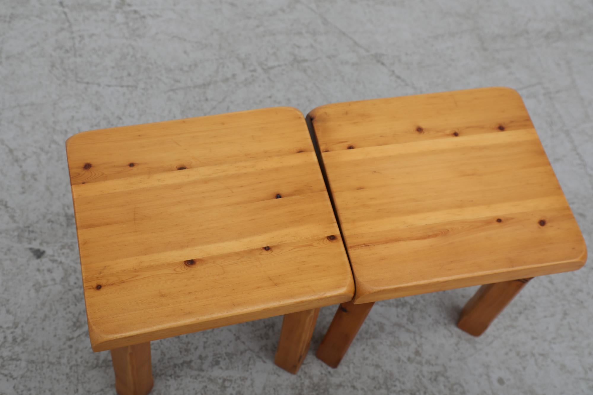 Set of 3 Pine Charlotte Perriand Style Brutalist Nesting Tables For Sale 3