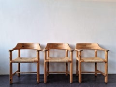 Set of 3 Pine Wood Armchairs with Papercord Seats for Gramrode Møbelfabrik