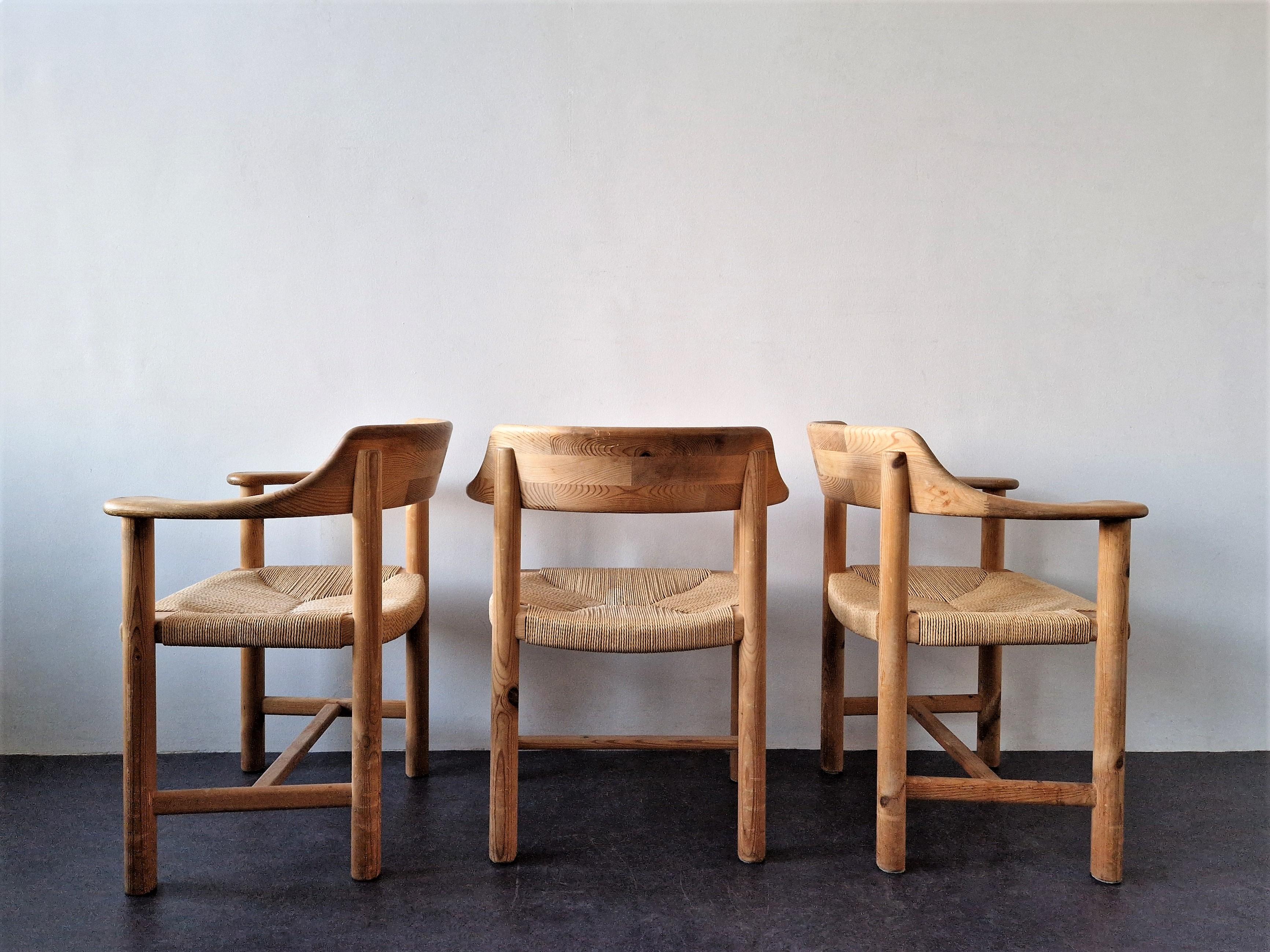 Mid-Century Modern Set of 3 Pine Wood Armchairs with Papercord Seats for Gramrode Møbelfabrik For Sale