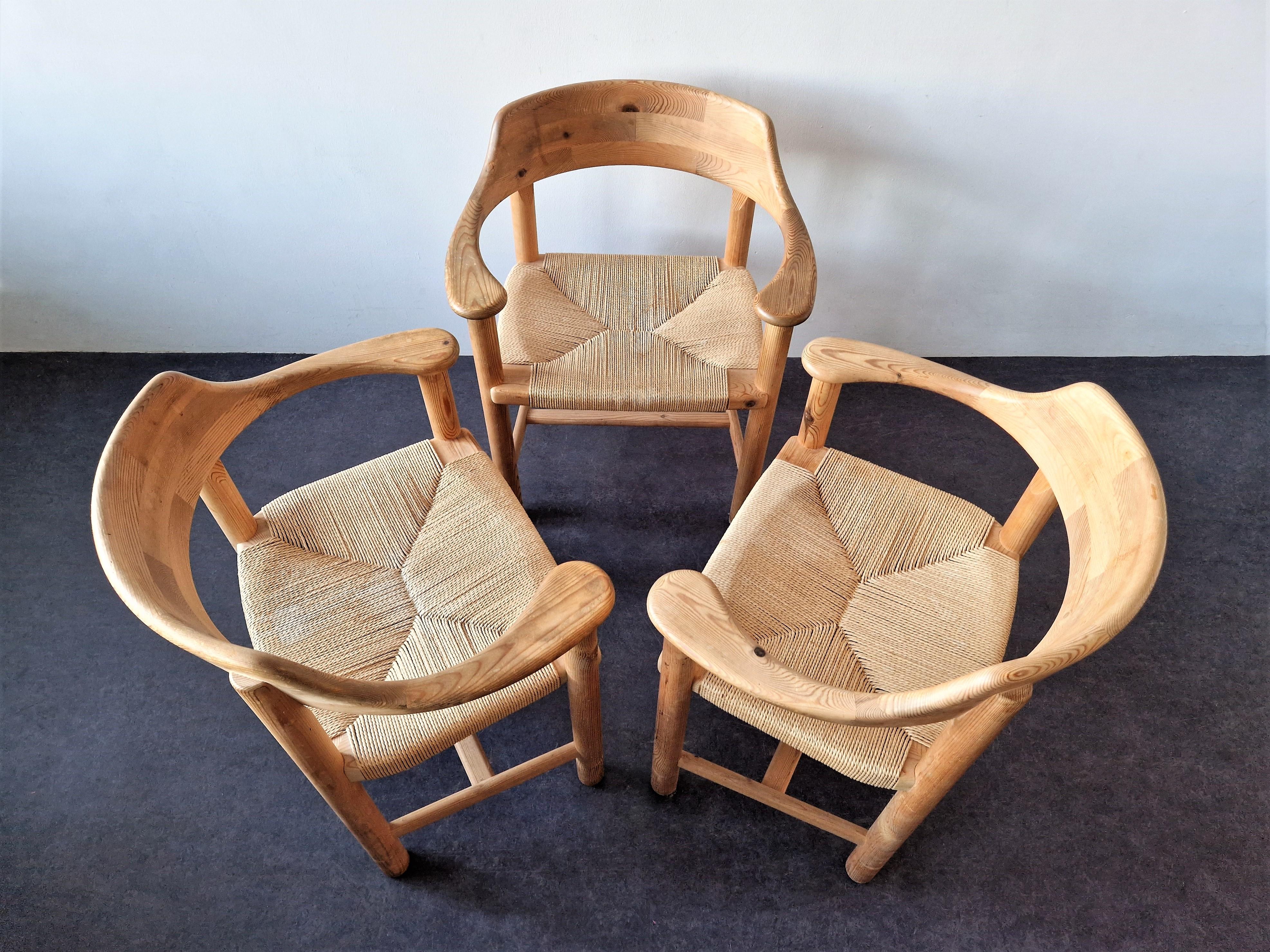 Set of 3 Pine Wood Armchairs with Papercord Seats for Gramrode Møbelfabrik For Sale 3