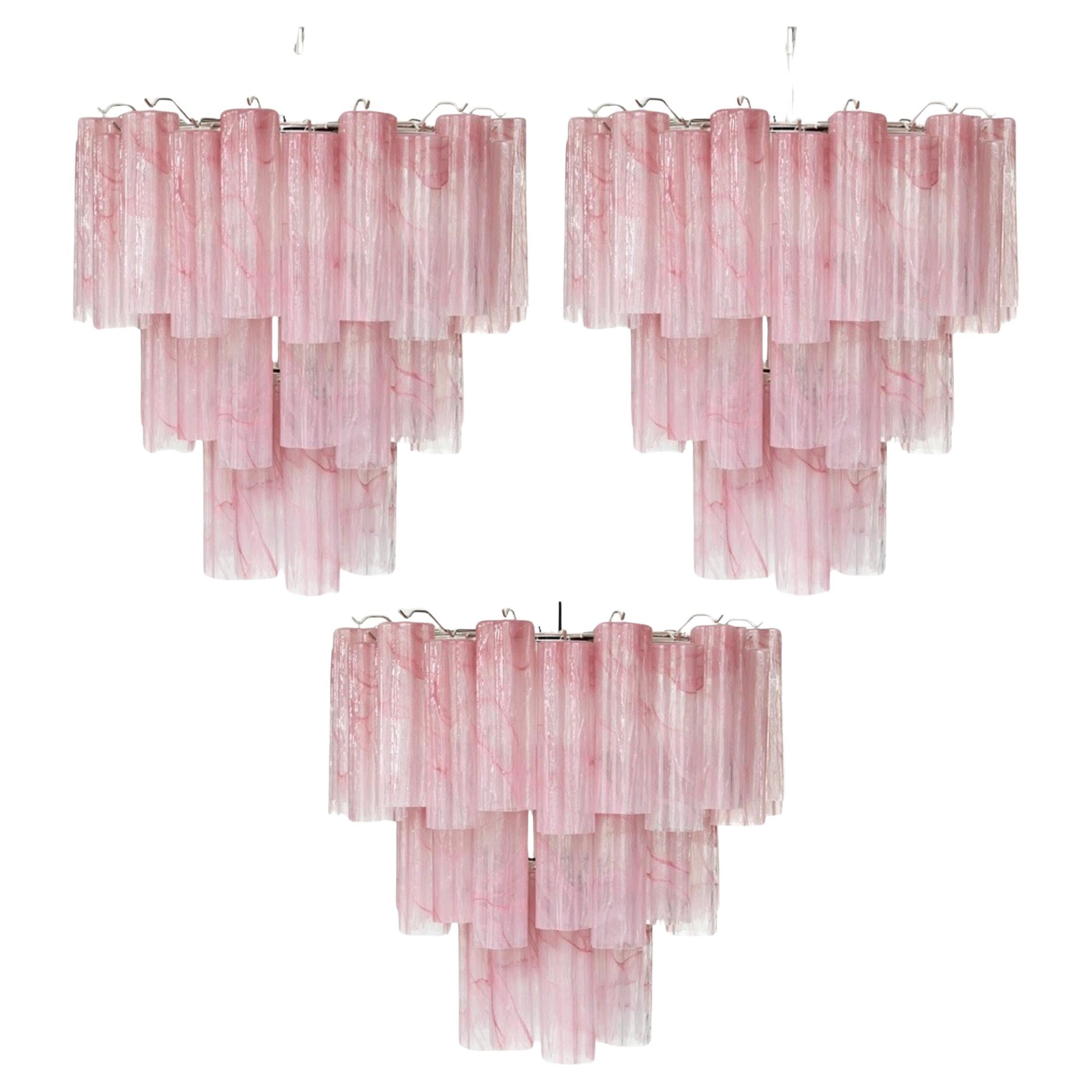 Set of 3 Pink Swirl Murano Chandeliers Tronchi