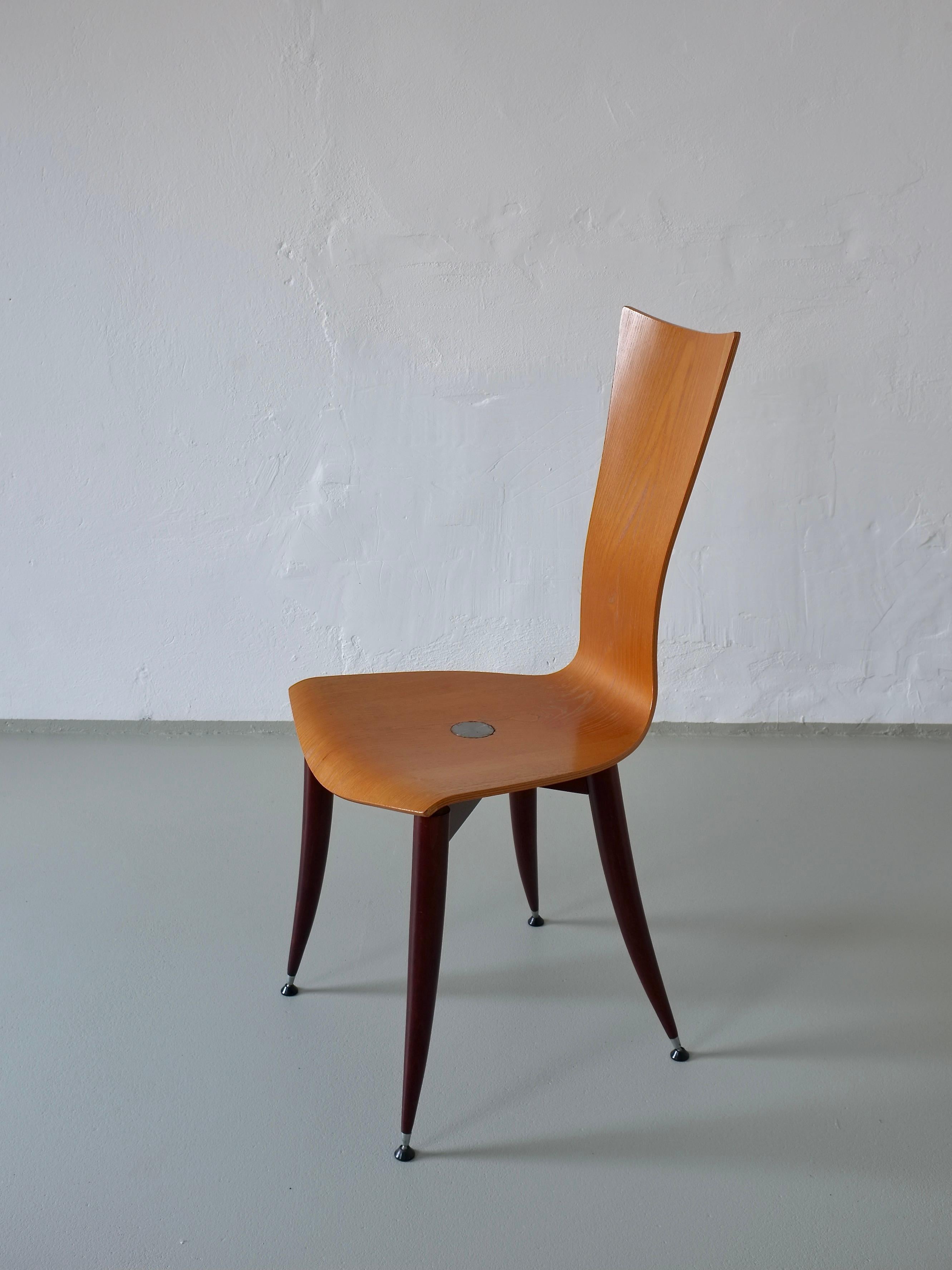 Post-Modern Set of 3 Plywood Burgundy Legs Chairs, Italy, 1980s For Sale