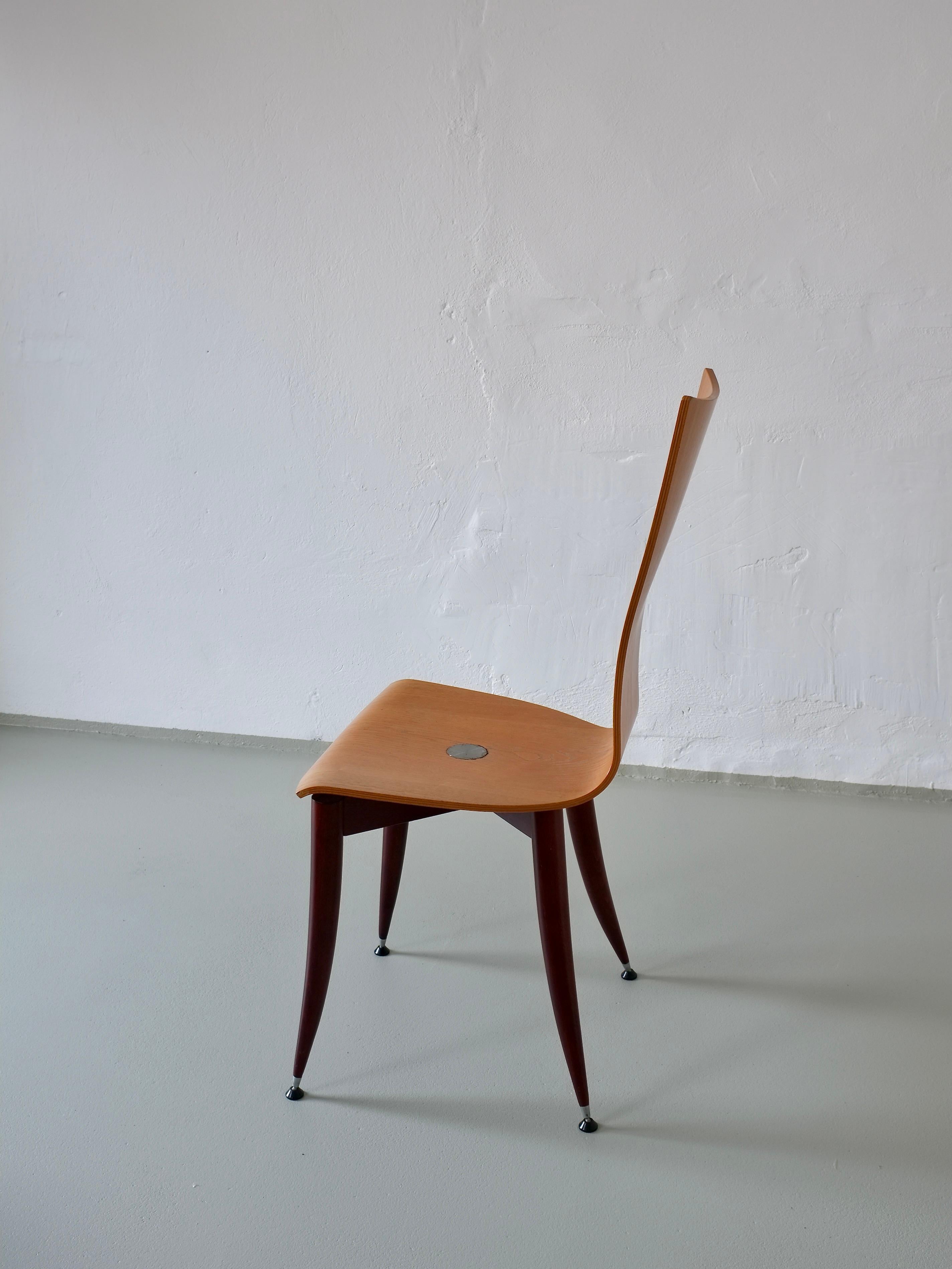 Italian Set of 3 Plywood Burgundy Legs Chairs, Italy, 1980s For Sale