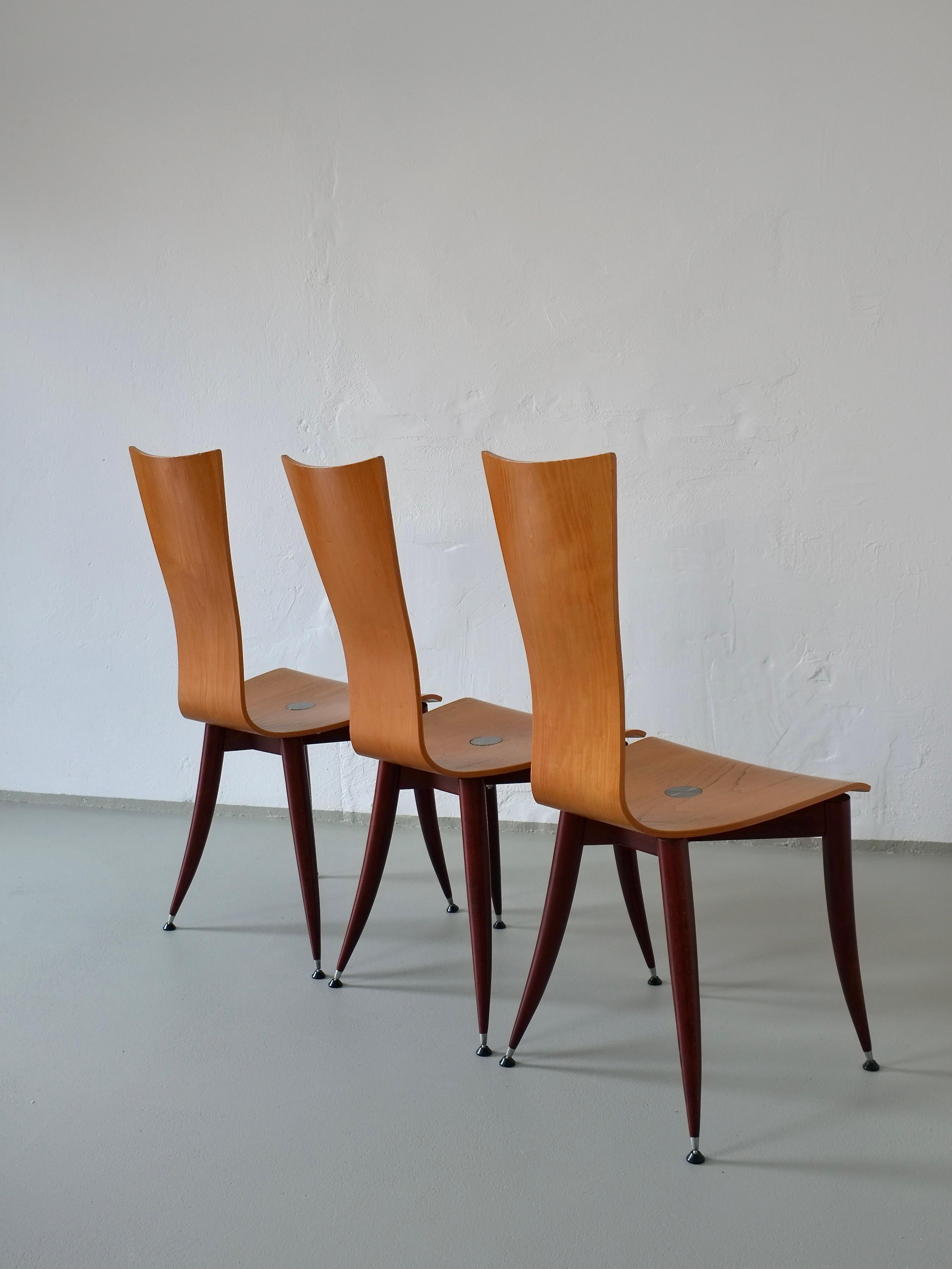 Late 20th Century Set of 3 Plywood Burgundy Legs Chairs, Italy, 1980s For Sale