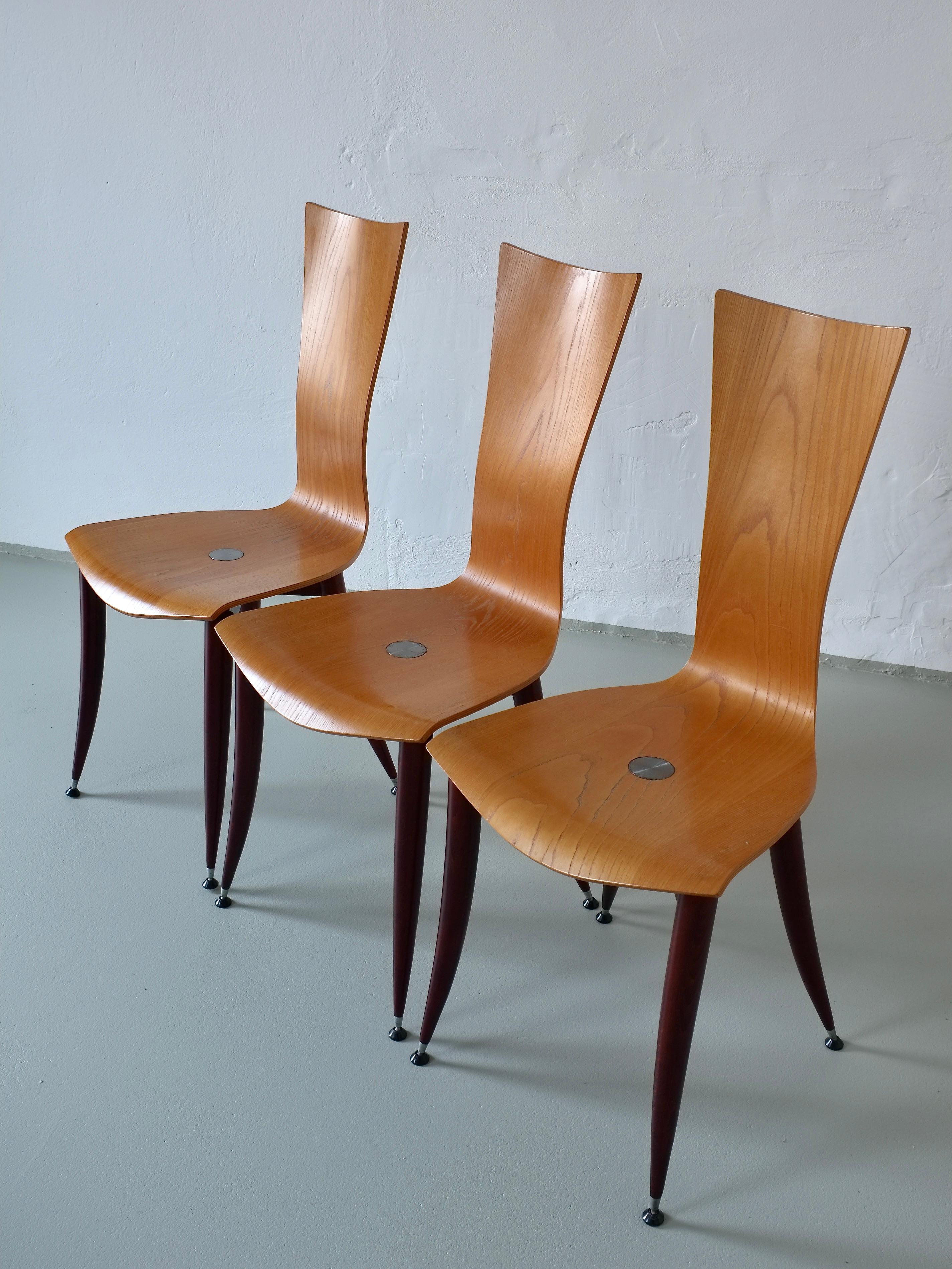 Wood Set of 3 Plywood Burgundy Legs Chairs, Italy, 1980s For Sale