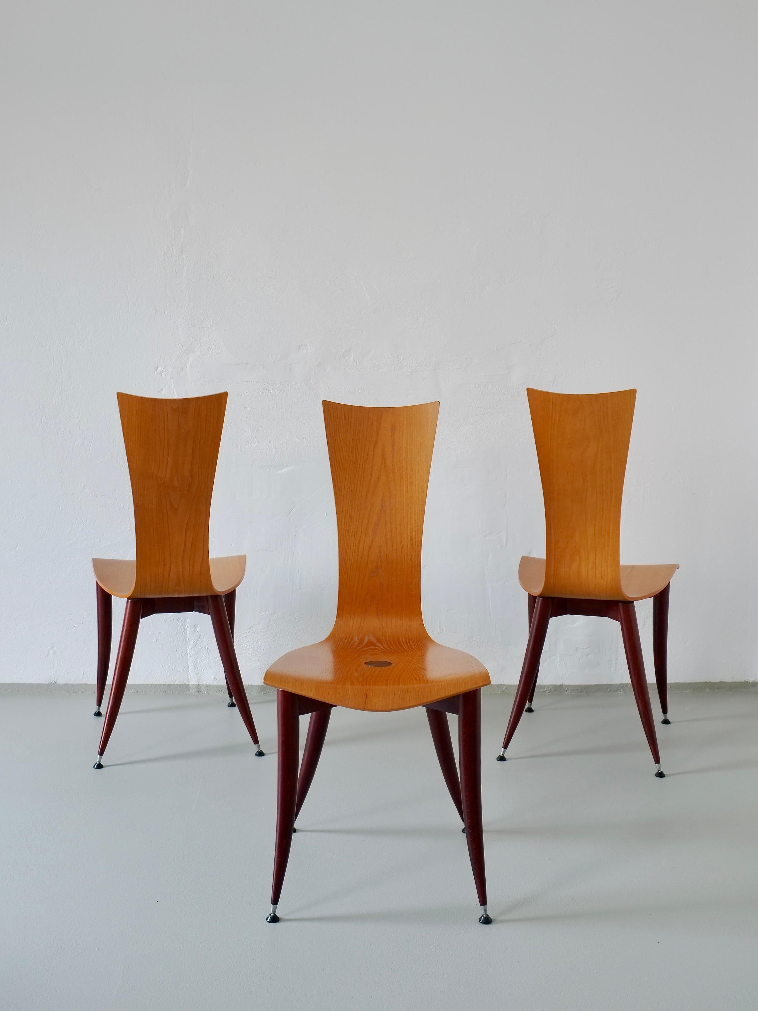 Set of 3 Plywood Burgundy Legs Chairs, Italy, 1980s