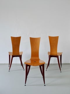 Set of 3 Plywood Burgundy Legs Chairs, Italy, 1980s