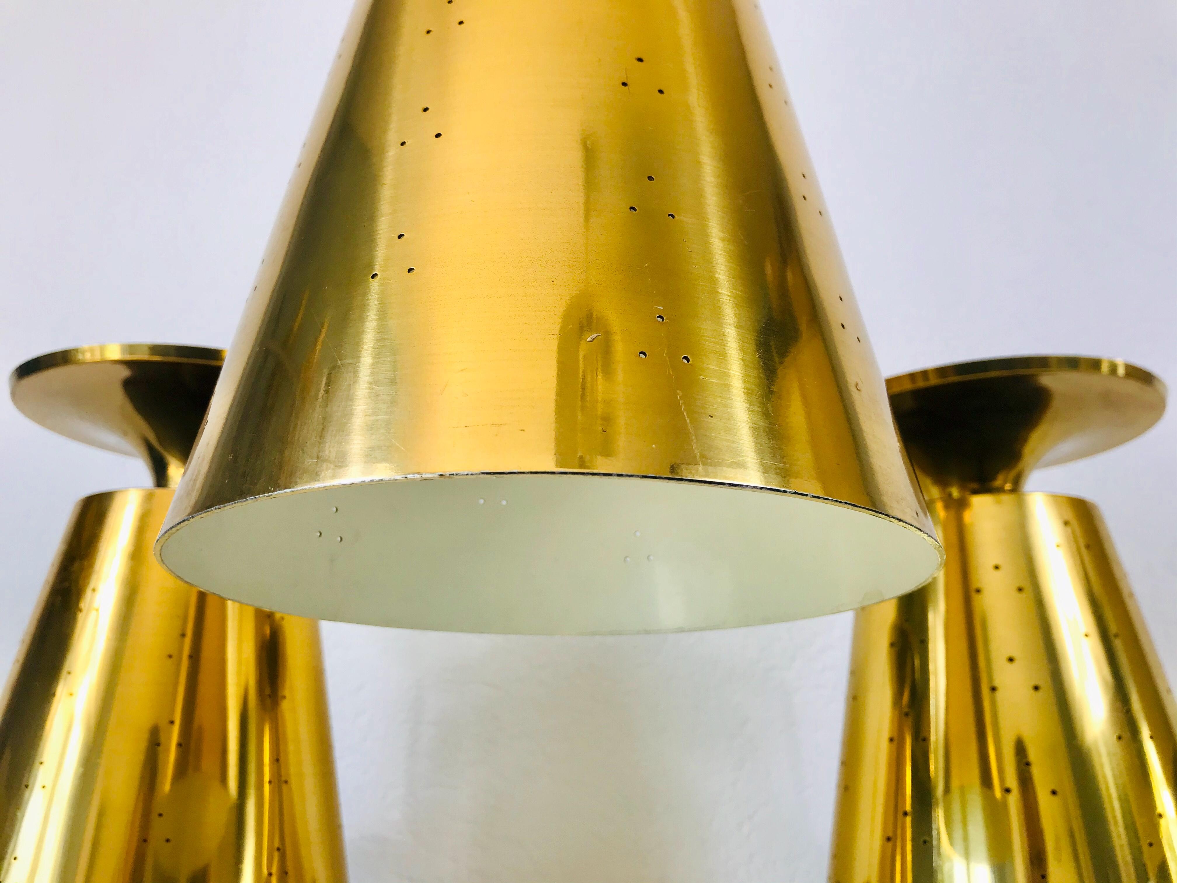 Set of 3 Polished Brass Pendant Lamps Attributed to Paavo Tynell, 1950s For Sale 7