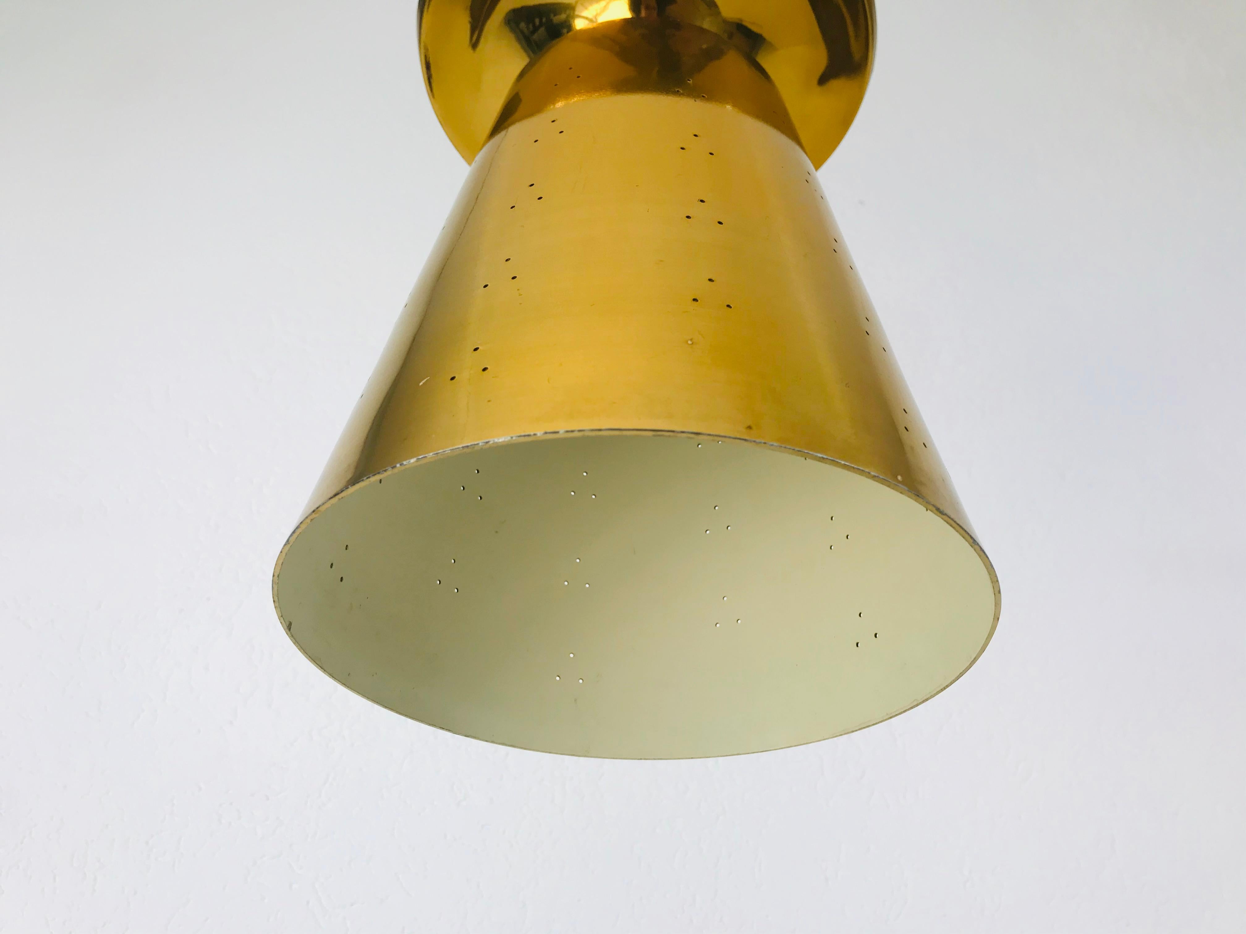 Set of 3 Polished Brass Pendant Lamps Attributed to Paavo Tynell, 1950s For Sale 8