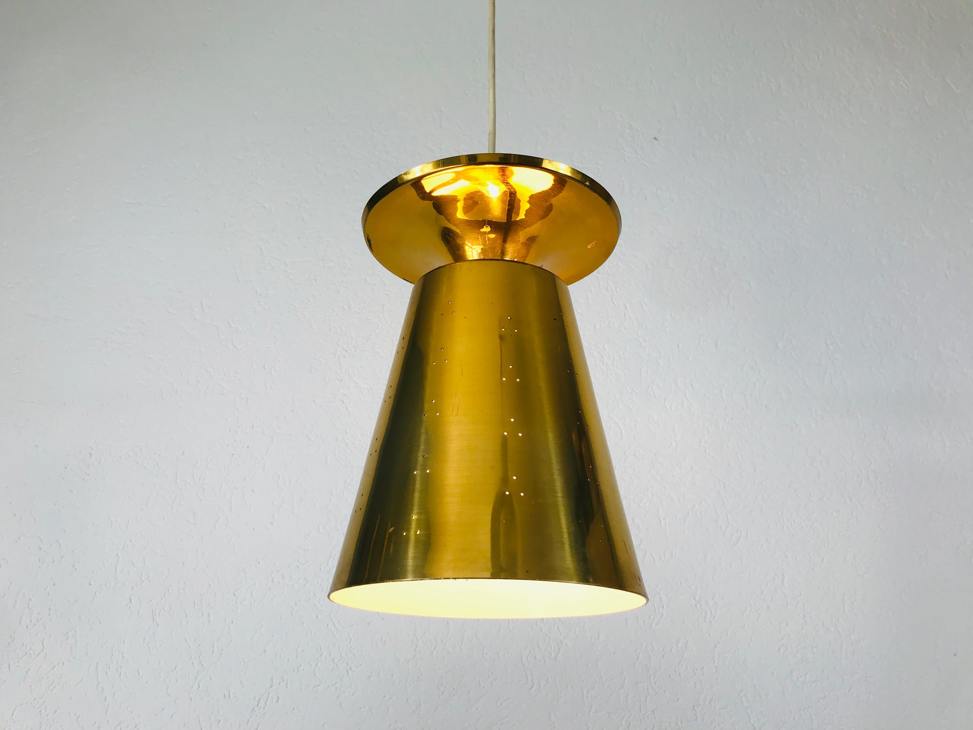 Set of 3 Polished Brass Pendant Lamps Attributed to Paavo Tynell, 1950s For Sale 1